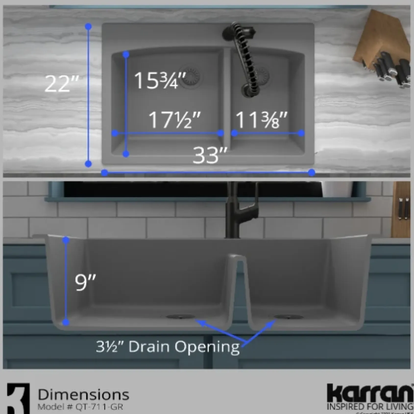 Karran 33" Drop In/Topmount Quartz Composite Kitchen Sink, 60/40 Double Bowl, Grey, QT-711-GR-PK1