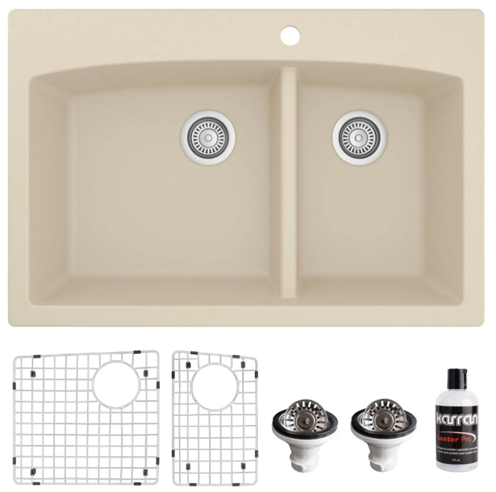 Karran 33" Drop In/Topmount Quartz Composite Kitchen Sink, 60/40 Double Bowl, Bisque, QT-711-BI-PK1