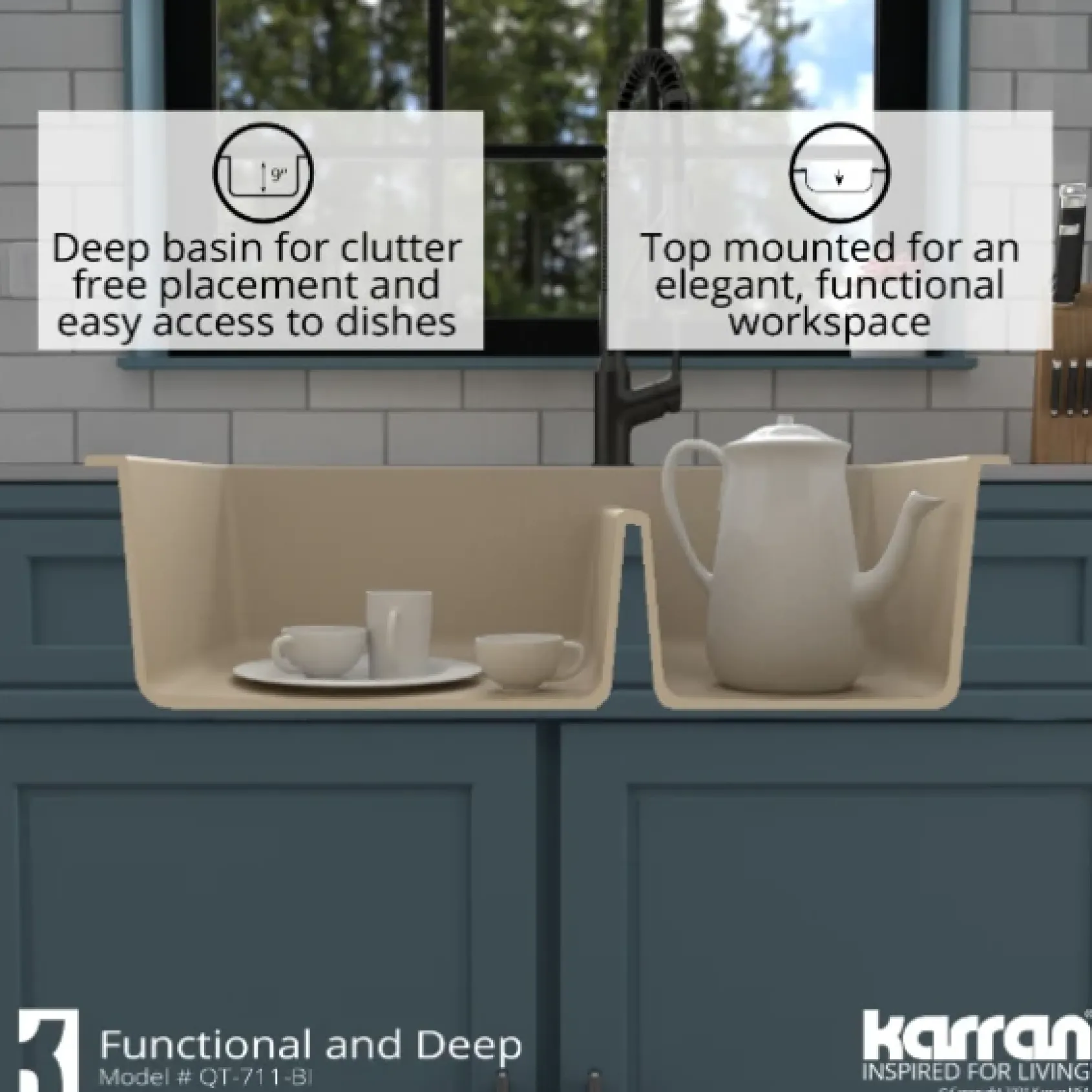 Karran 33" Drop In/Topmount Quartz Composite Kitchen Sink, 60/40 Double Bowl, Bisque, QT-711-BI-PK1