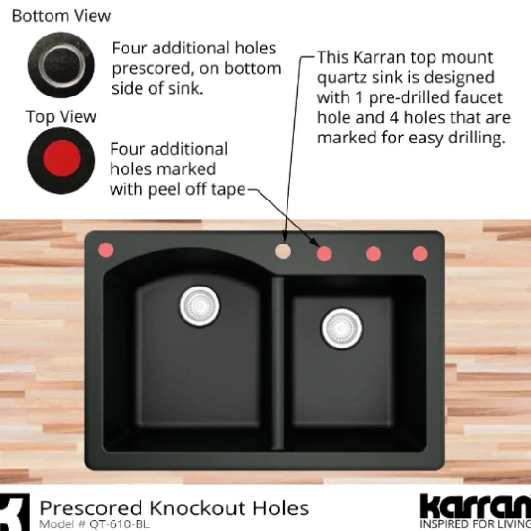 Karran 33" Drop In/Topmount Quartz Composite Kitchen Sink, 60/40 Double Bowl, Bisque, QT-610-BI