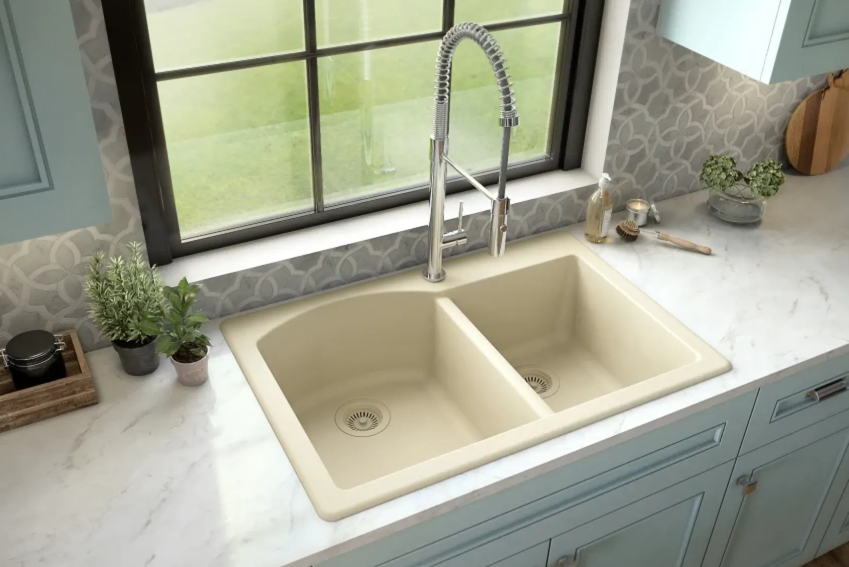Karran 33" Drop In/Topmount Quartz Composite Kitchen Sink, 60/40 Double Bowl, Bisque, QT-610-BI