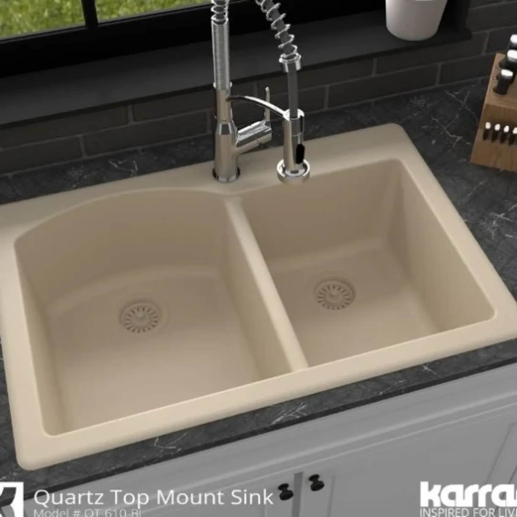 Karran 33" Drop In/Topmount Quartz Composite Kitchen Sink, 60/40 Double Bowl, Bisque, QT-610-BI