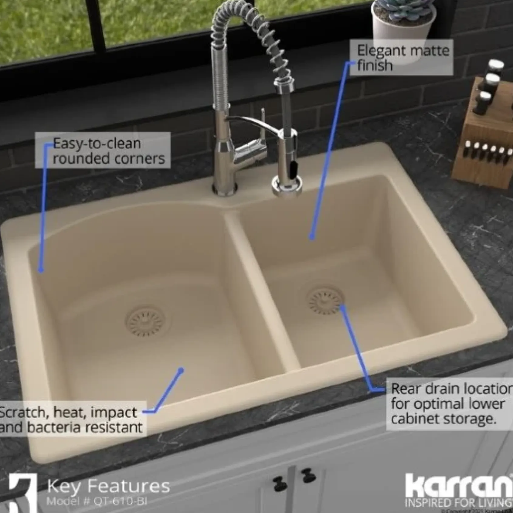 Karran 33" Drop In/Topmount Quartz Composite Kitchen Sink, 60/40 Double Bowl, Bisque, QT-610-BI