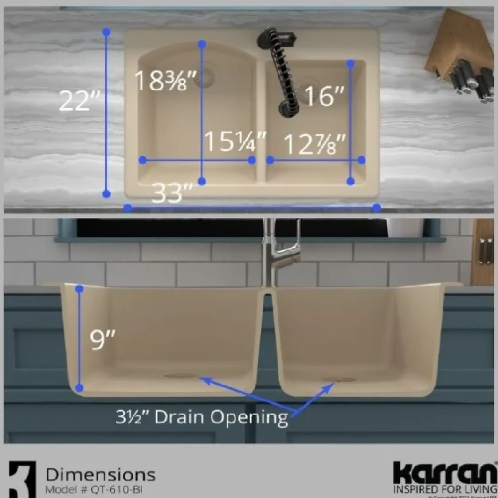 Karran 33" Drop In/Topmount Quartz Composite Kitchen Sink, 60/40 Double Bowl, Bisque, QT-610-BI