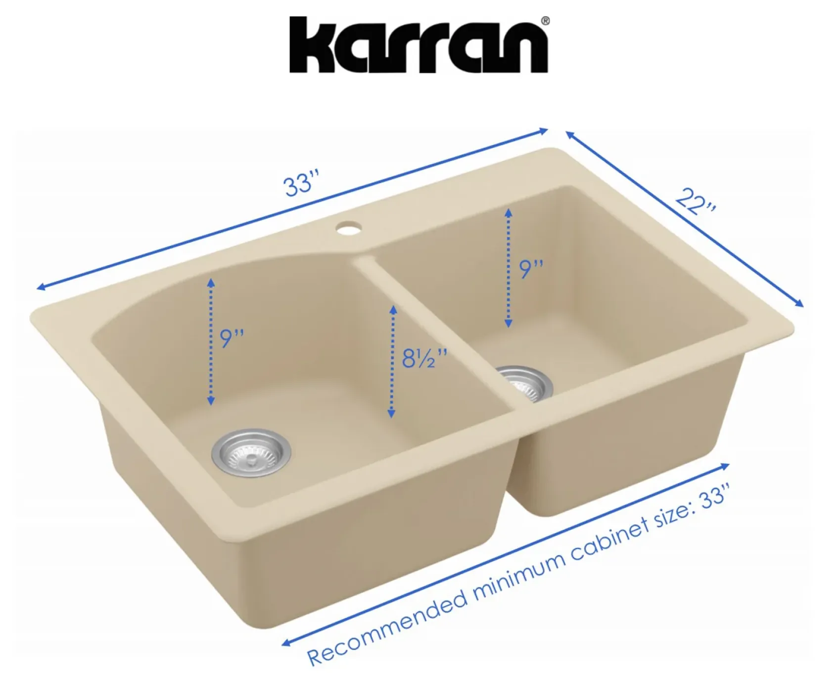 Karran 33" Drop In/Topmount Quartz Composite Kitchen Sink, 60/40 Double Bowl, Bisque, QT-610-BI