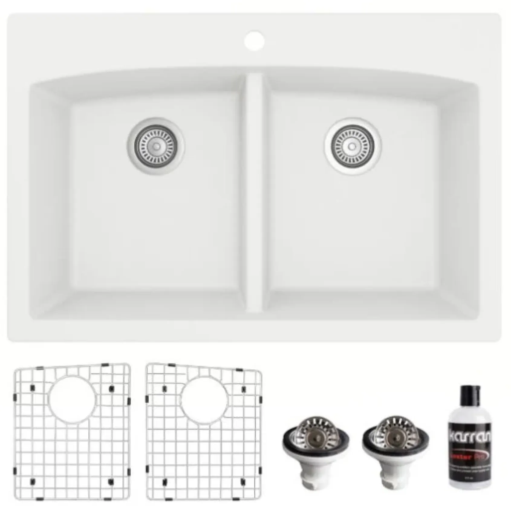 Karran 33" Drop In/Topmount Quartz Composite Kitchen Sink, 50/50 Double Bowl, White, QT-710-WH-PK1