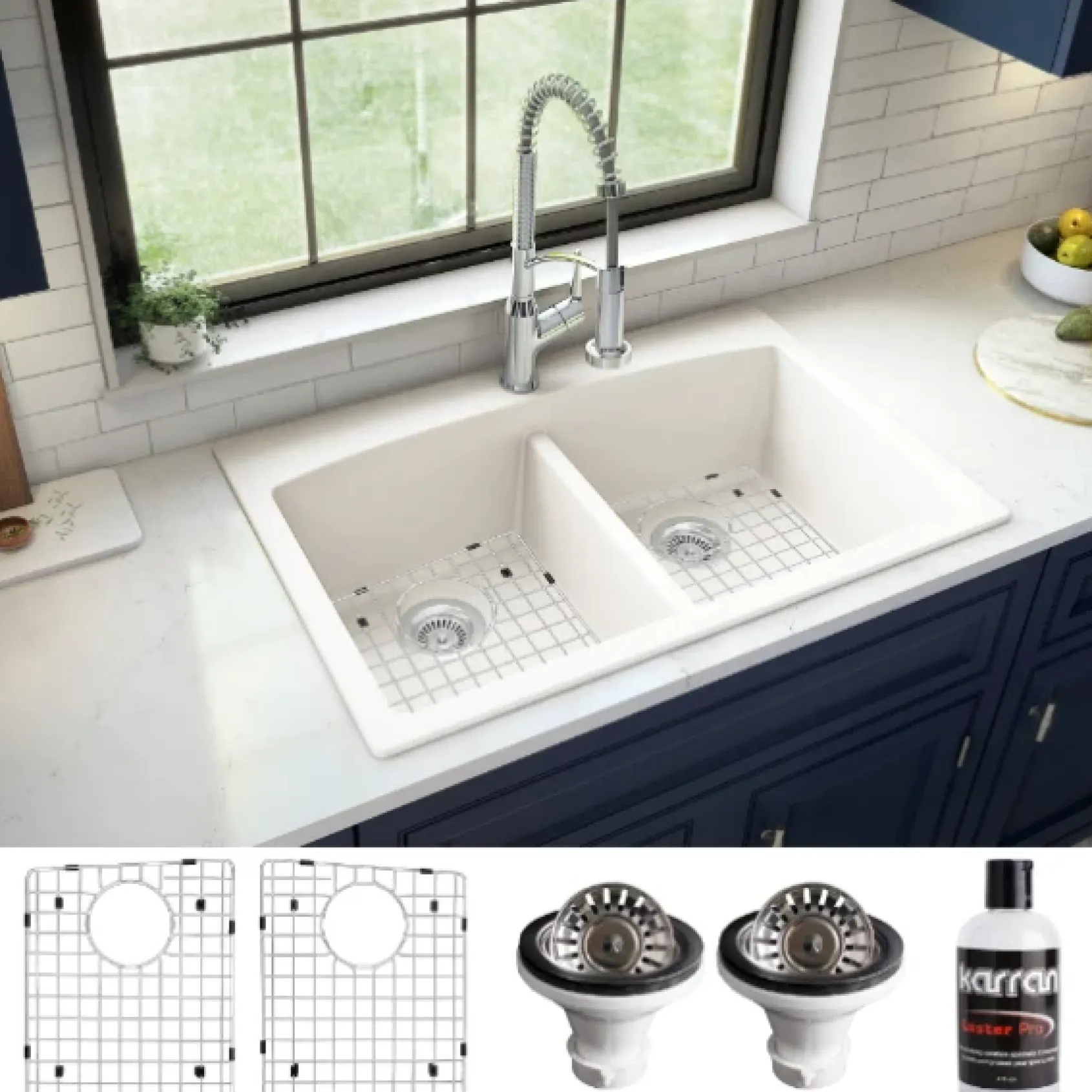 Karran 33" Drop In/Topmount Quartz Composite Kitchen Sink, 50/50 Double Bowl, White, QT-710-WH-PK1