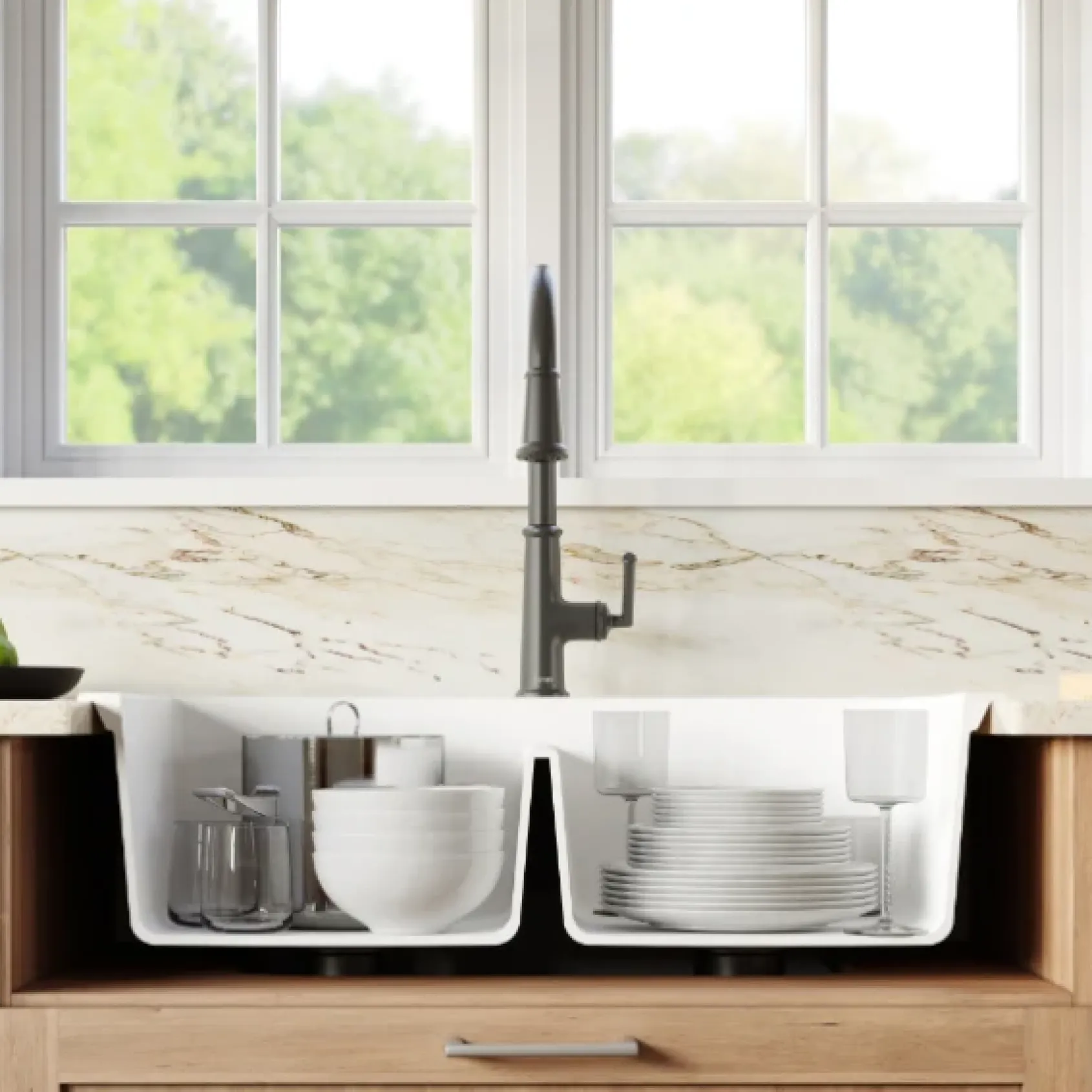 Karran 33" Drop In/Topmount Quartz Composite Kitchen Sink, 50/50 Double Bowl, White, QT-710-WH-PK1