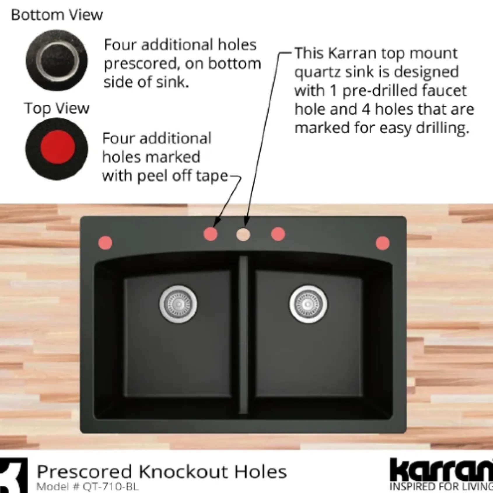 Karran 33" Drop In/Topmount Quartz Composite Kitchen Sink, 50/50 Double Bowl, White, QT-710-WH-PK1