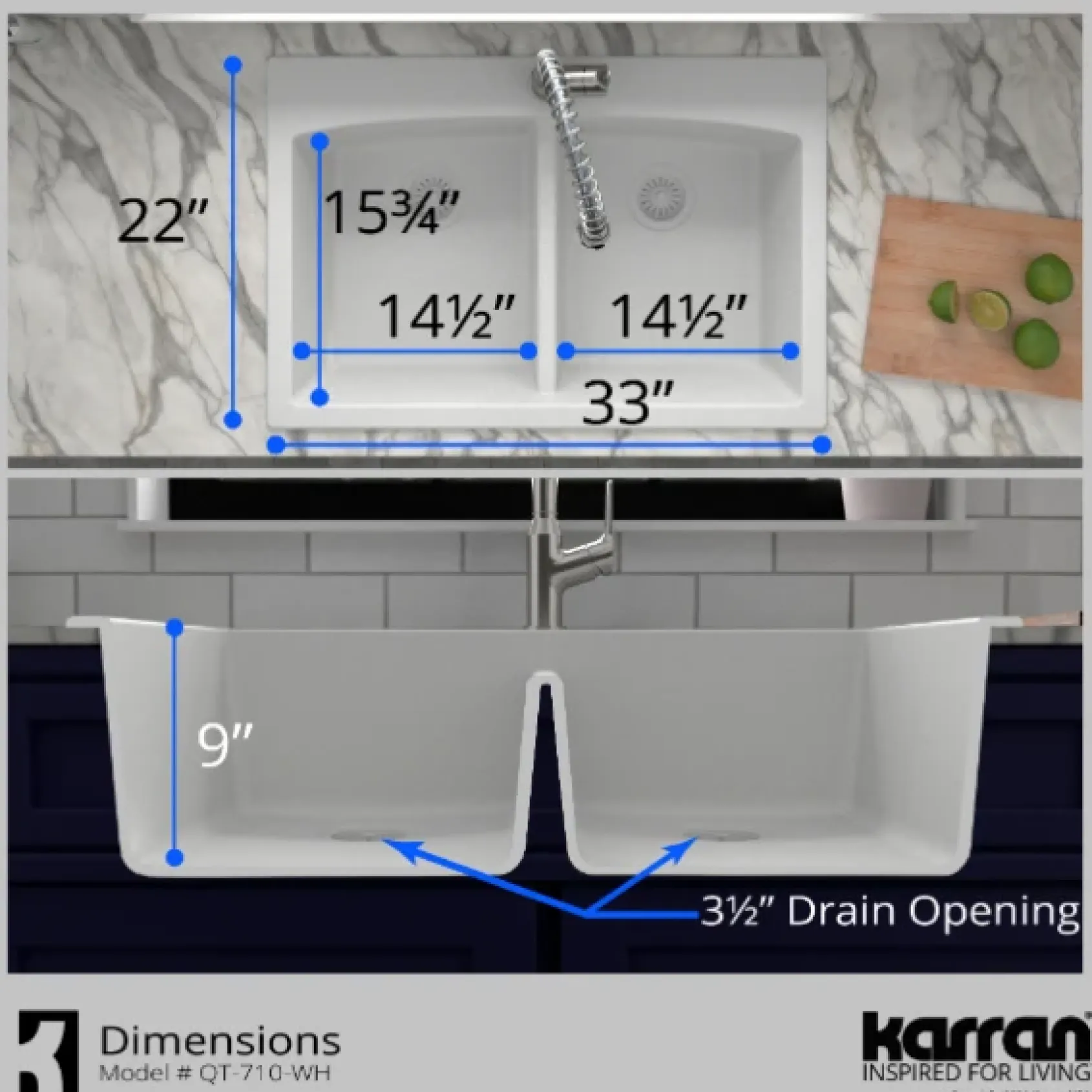 Karran 33" Drop In/Topmount Quartz Composite Kitchen Sink, 50/50 Double Bowl, White, QT-710-WH-PK1