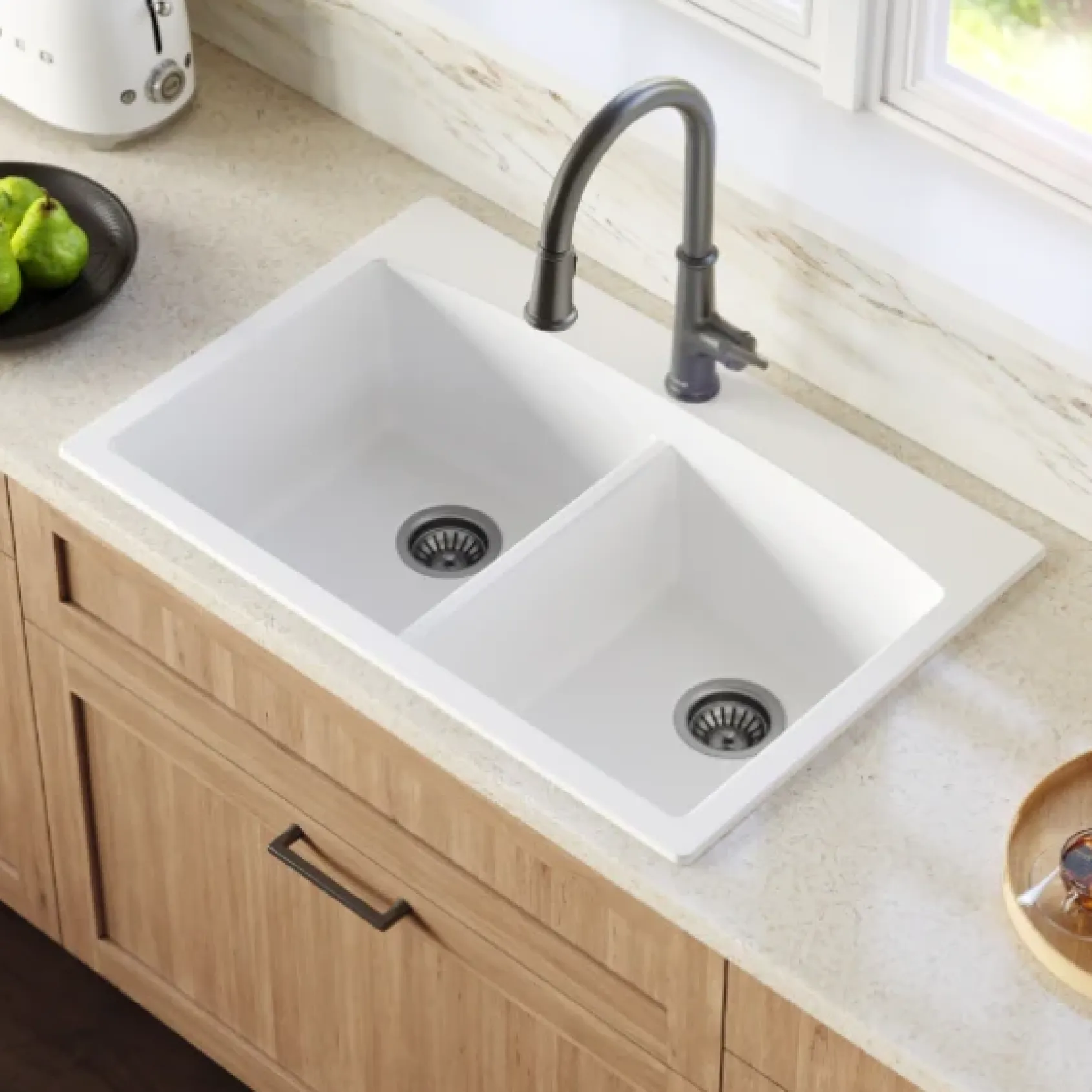 Karran 33" Drop In/Topmount Quartz Composite Kitchen Sink, 50/50 Double Bowl, White, QT-710-WH-PK1