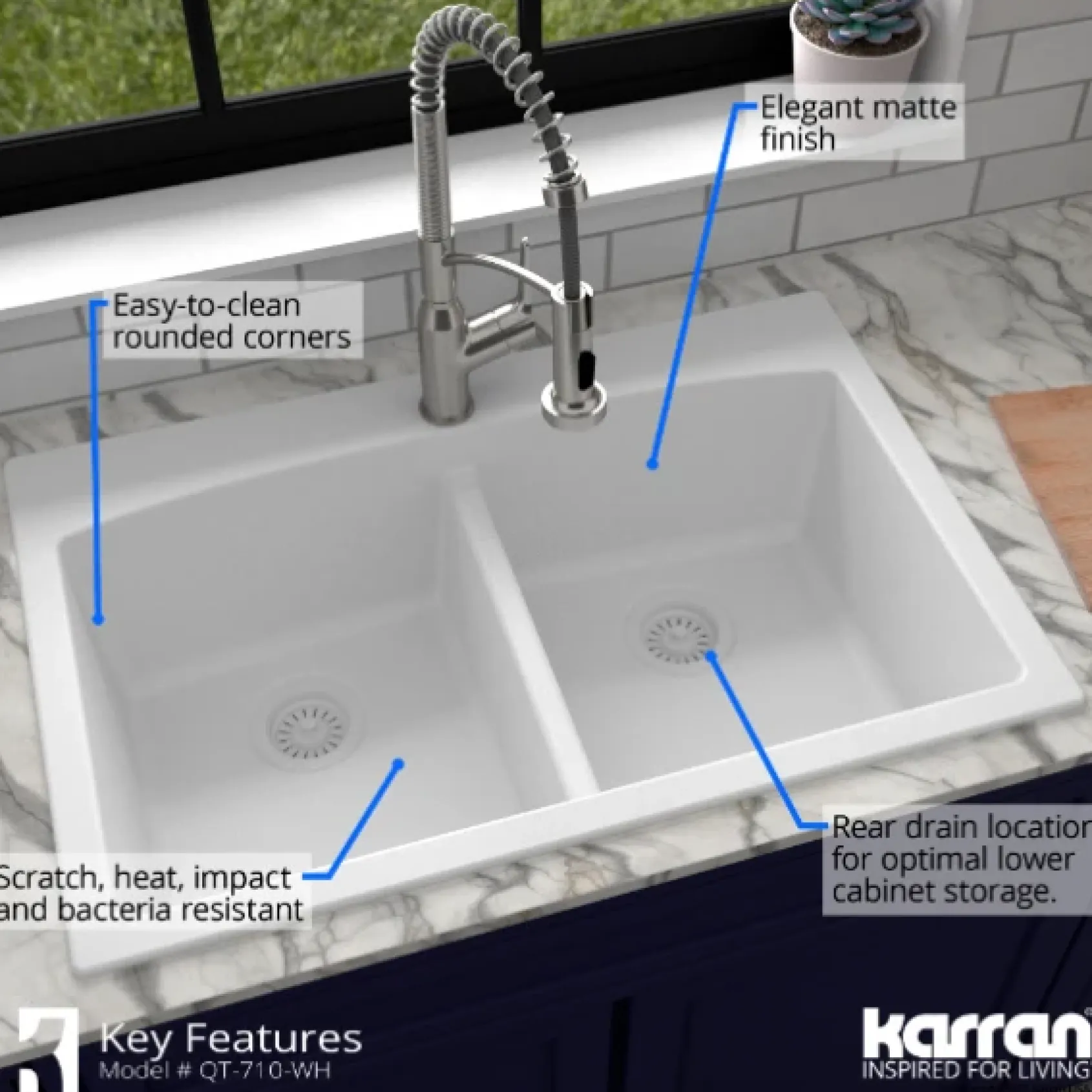 Karran 33" Drop In/Topmount Quartz Composite Kitchen Sink, 50/50 Double Bowl, White, QT-710-WH-PK1