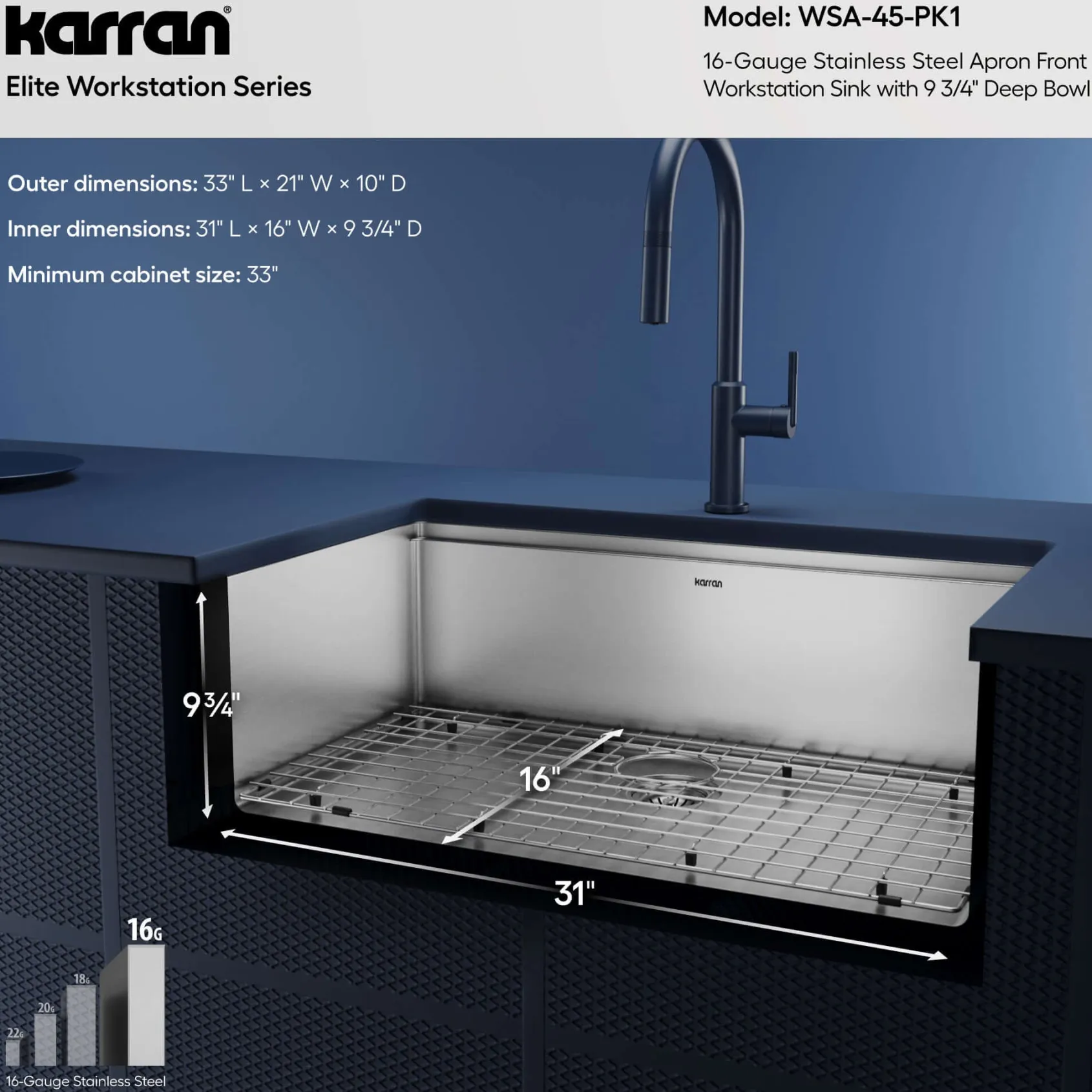 Karran Elite Workstation 33" Stainless Steel Workstation Farmhouse Sink with Accessories, 16 Gauge, WSA-45-PK1