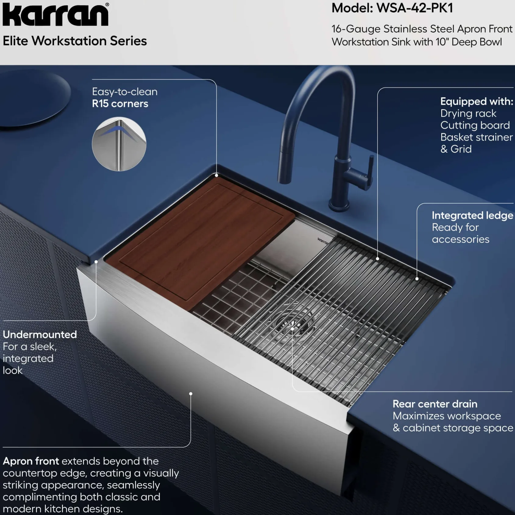 Karran Elite Workstation 30" Stainless Steel Workstation Farmhouse Sink with Accessories, 16 Gauge, WSA-42-PK1