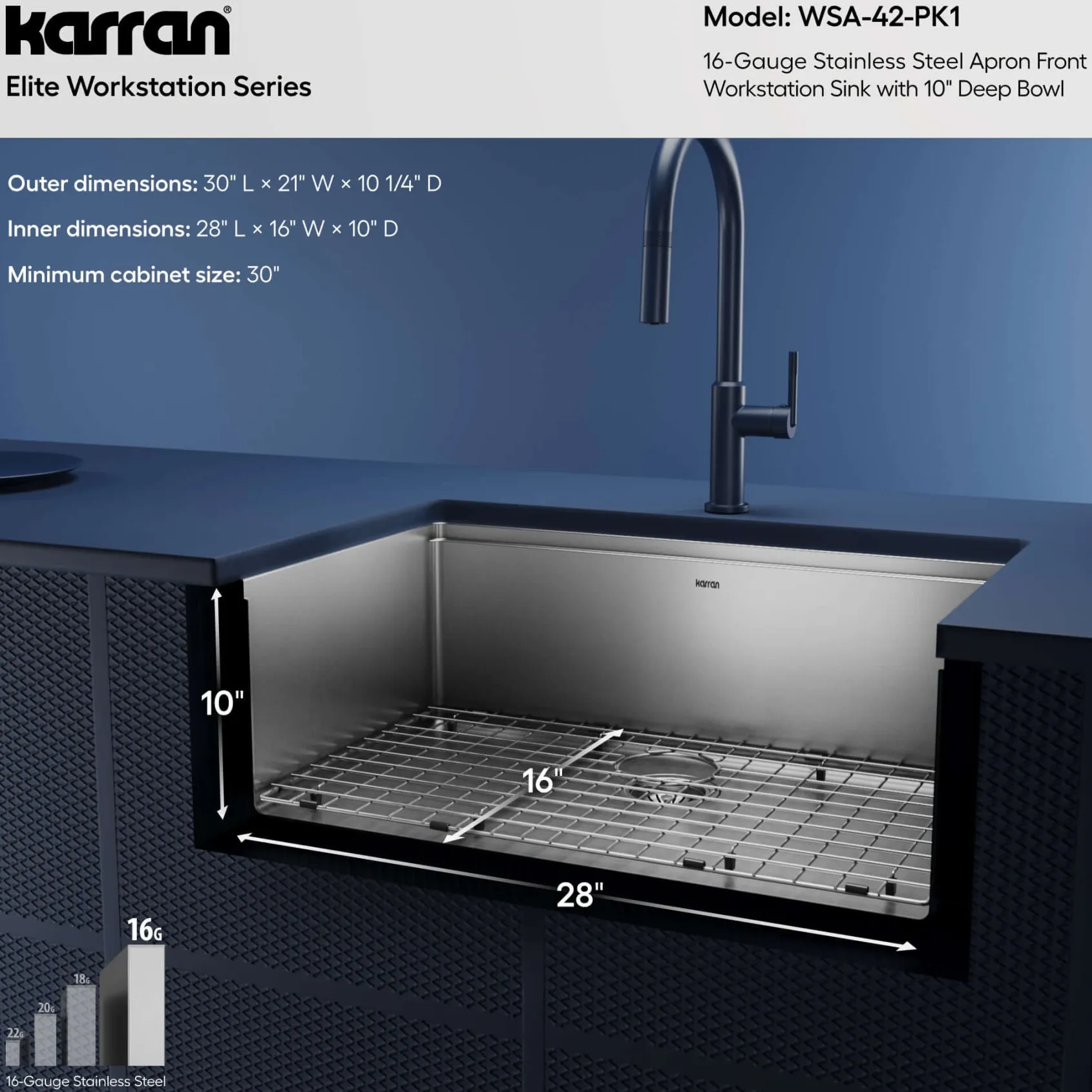 Karran Elite Workstation 30" Stainless Steel Workstation Farmhouse Sink with Accessories, 16 Gauge, WSA-42-PK1