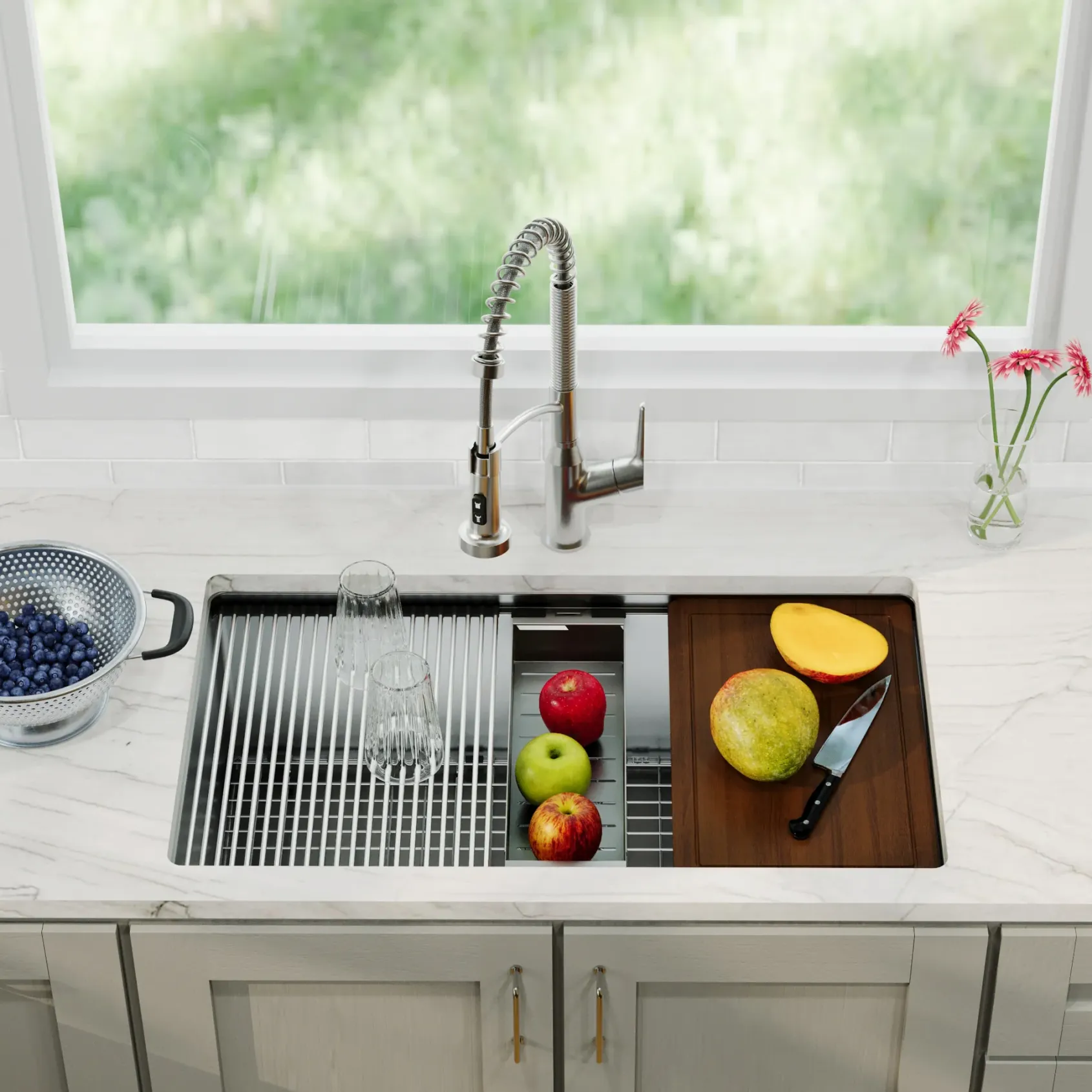 Karran Elite Workstation 32" Undermount Stainless Steel Kitchen Sink with Faucet, WS-37-PK3