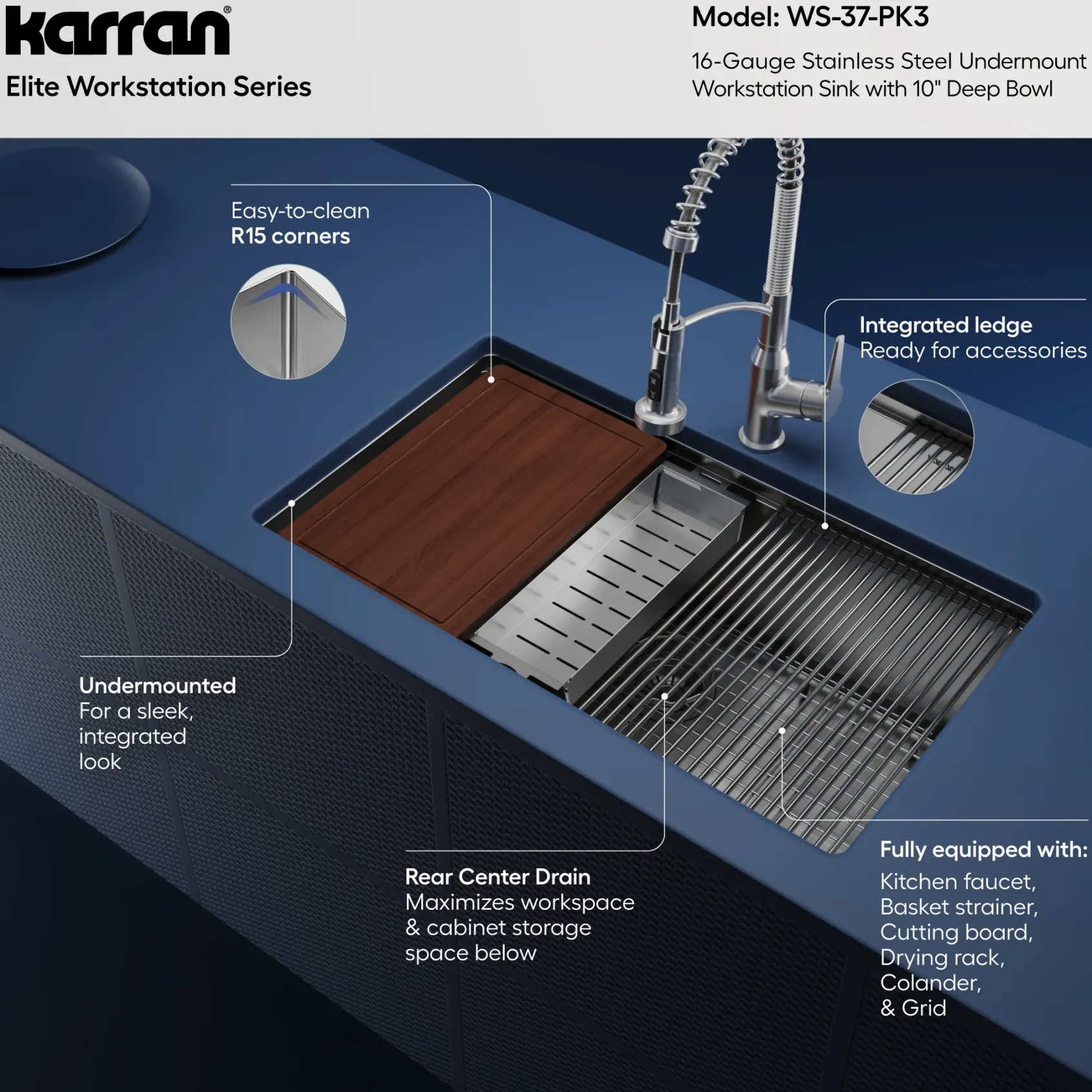 Karran Elite Workstation 32" Undermount Stainless Steel Kitchen Sink with Faucet, WS-37-PK3