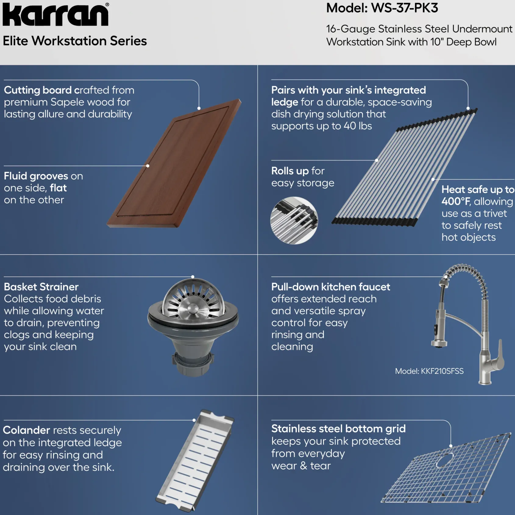 Karran Elite Workstation 32" Undermount Stainless Steel Kitchen Sink with Faucet, WS-37-PK3