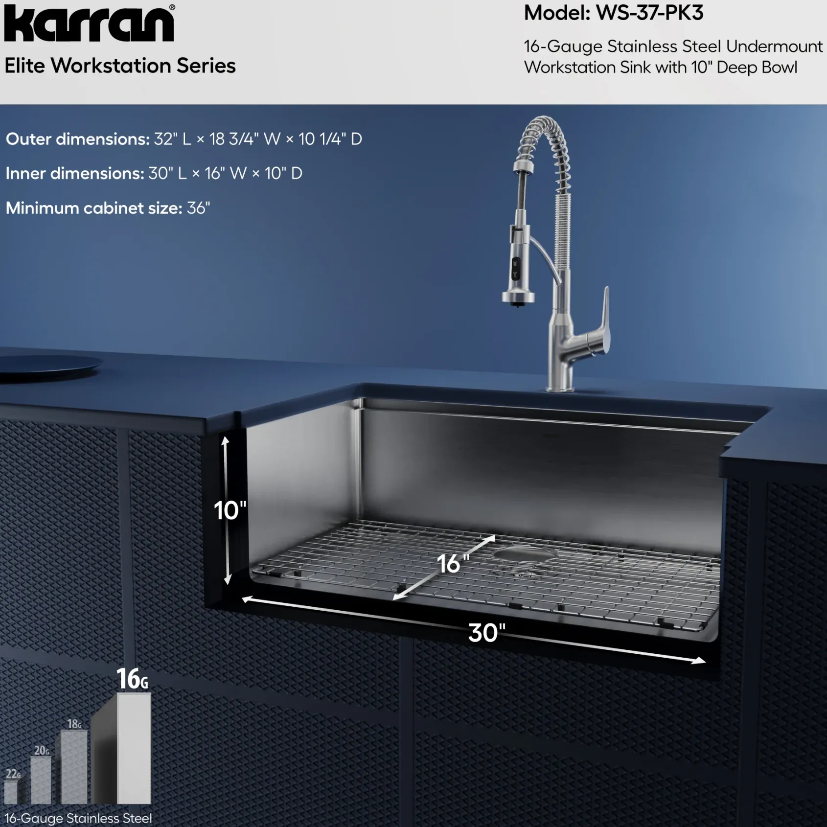 Karran Elite Workstation 32" Undermount Stainless Steel Kitchen Sink with Faucet, WS-37-PK3
