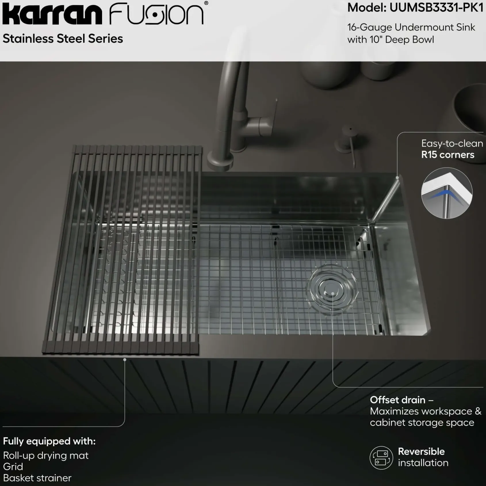 Karran Fusion 33" Undermount Stainless Steel ADA Kitchen Sink with Accessories, 16 Gauge, UUMSB3331-PK1
