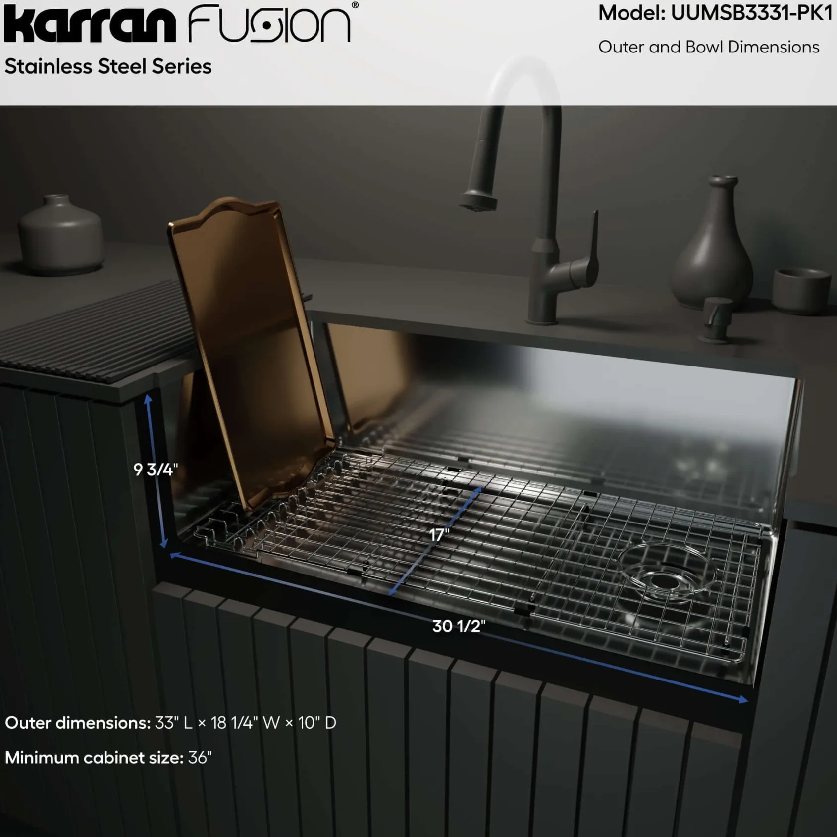 Karran Fusion 33" Undermount Stainless Steel ADA Kitchen Sink with Accessories, 16 Gauge, UUMSB3331-PK1