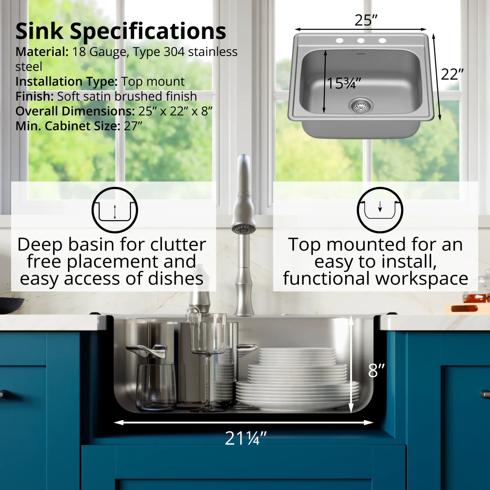 Karran Profile 25" Drop In/Topmount Stainless Steel Kitchen Sink with Accessories, 18 Gauge, PT30-PK1