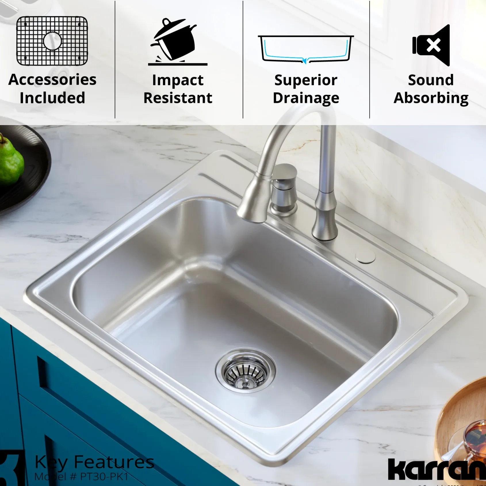 Karran Profile 25" Drop In/Topmount Stainless Steel Kitchen Sink with Accessories, 18 Gauge, PT30-PK1
