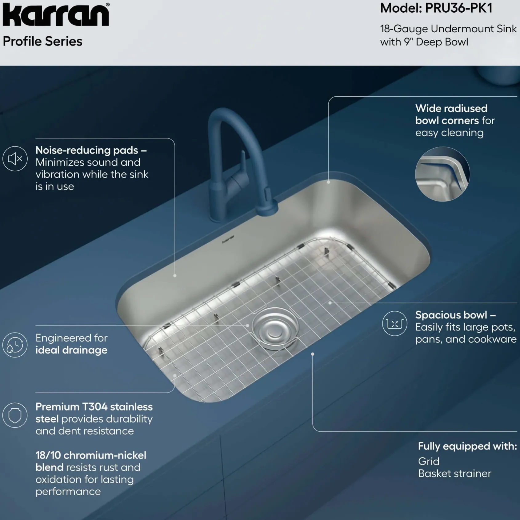 Karran Profile 32" Undermount Stainless Steel Kitchen Sink with Accessories, 18 Gauge, PRU36-PK1
