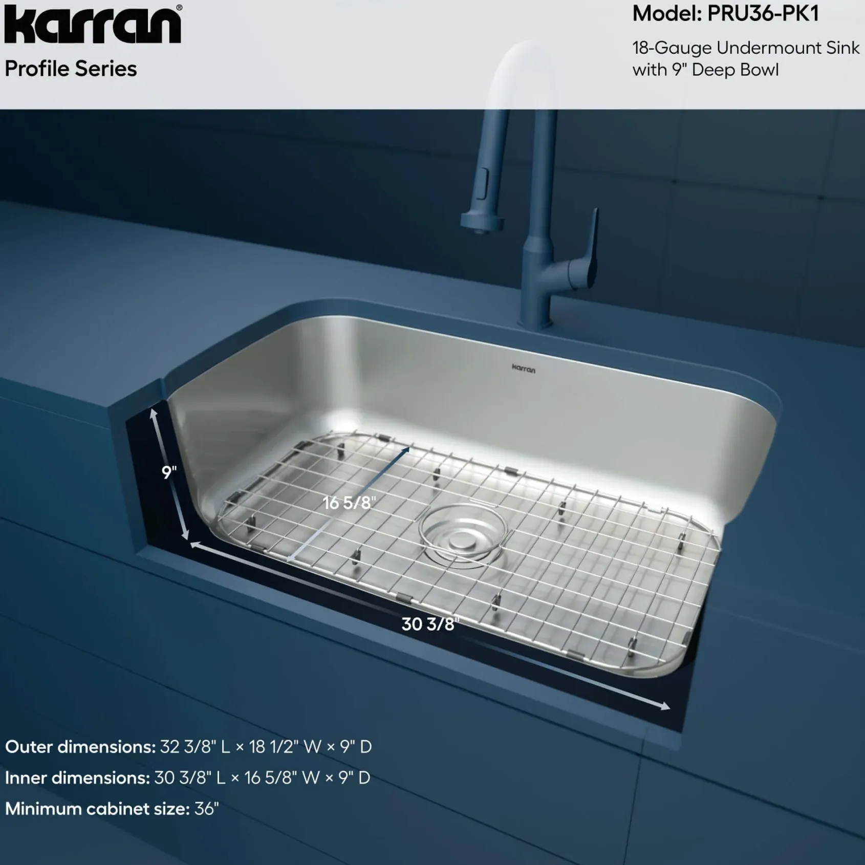 Karran Profile 32" Undermount Stainless Steel Kitchen Sink with Accessories, 18 Gauge, PRU36-PK1
