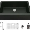 Karran 34" Quartz Composite Farmhouse Sink with Stainless Steel Faucet and Accessories, Black, QA740BL220SS