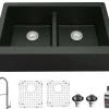 Karran 34" Quartz Composite Farmhouse Sink with Stainless Steel Faucet and Accessories, 50/50 Double Bowl, Black, QA750BL220SS
