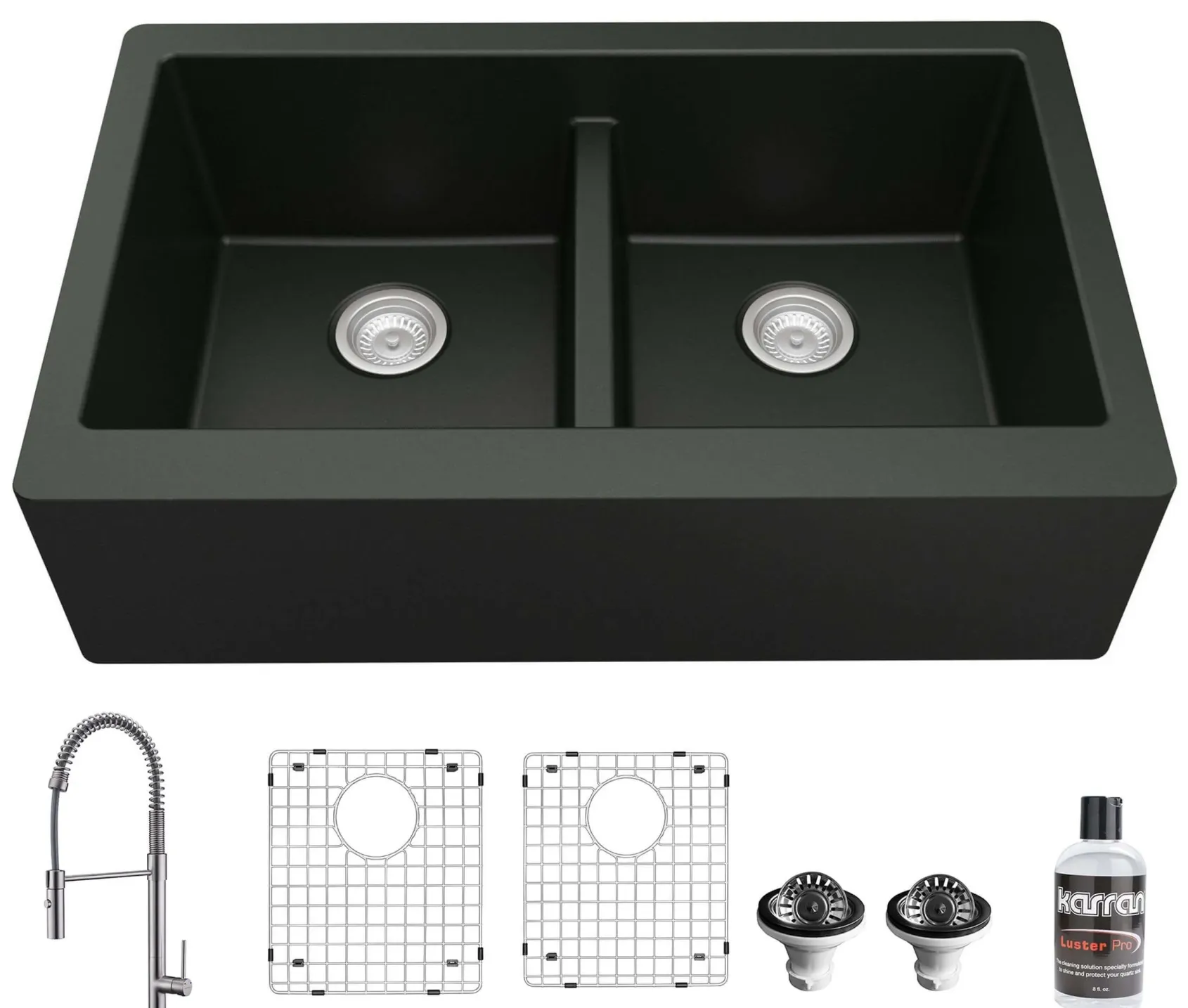 Karran 34" Quartz Composite Farmhouse Sink with Stainless Steel Faucet and Accessories, 50/50 Double Bowl, Black, QA750BL220SS