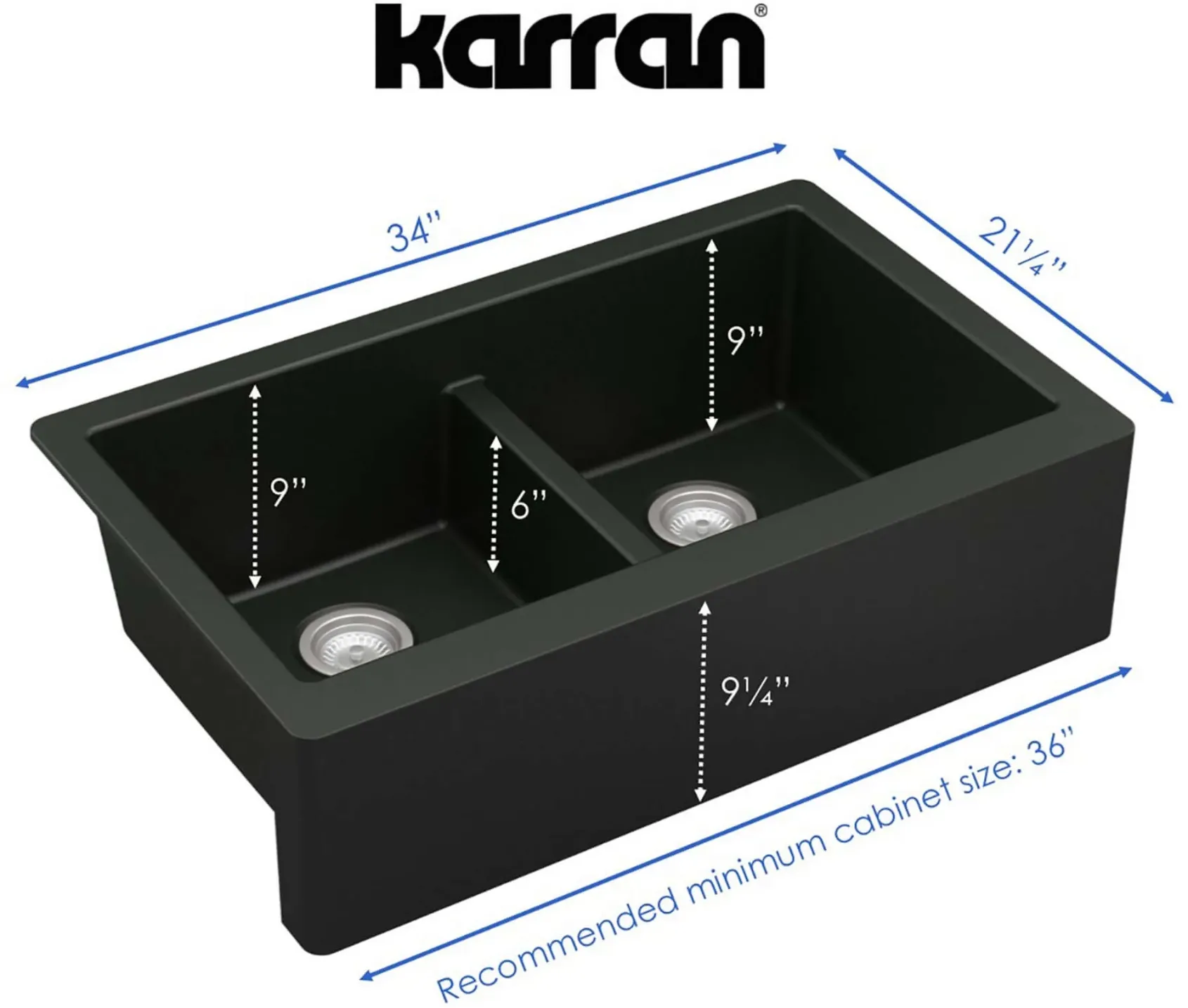 Karran 34" Quartz Composite Farmhouse Sink with Stainless Steel Faucet and Accessories, 50/50 Double Bowl, Black, QA750BL220SS