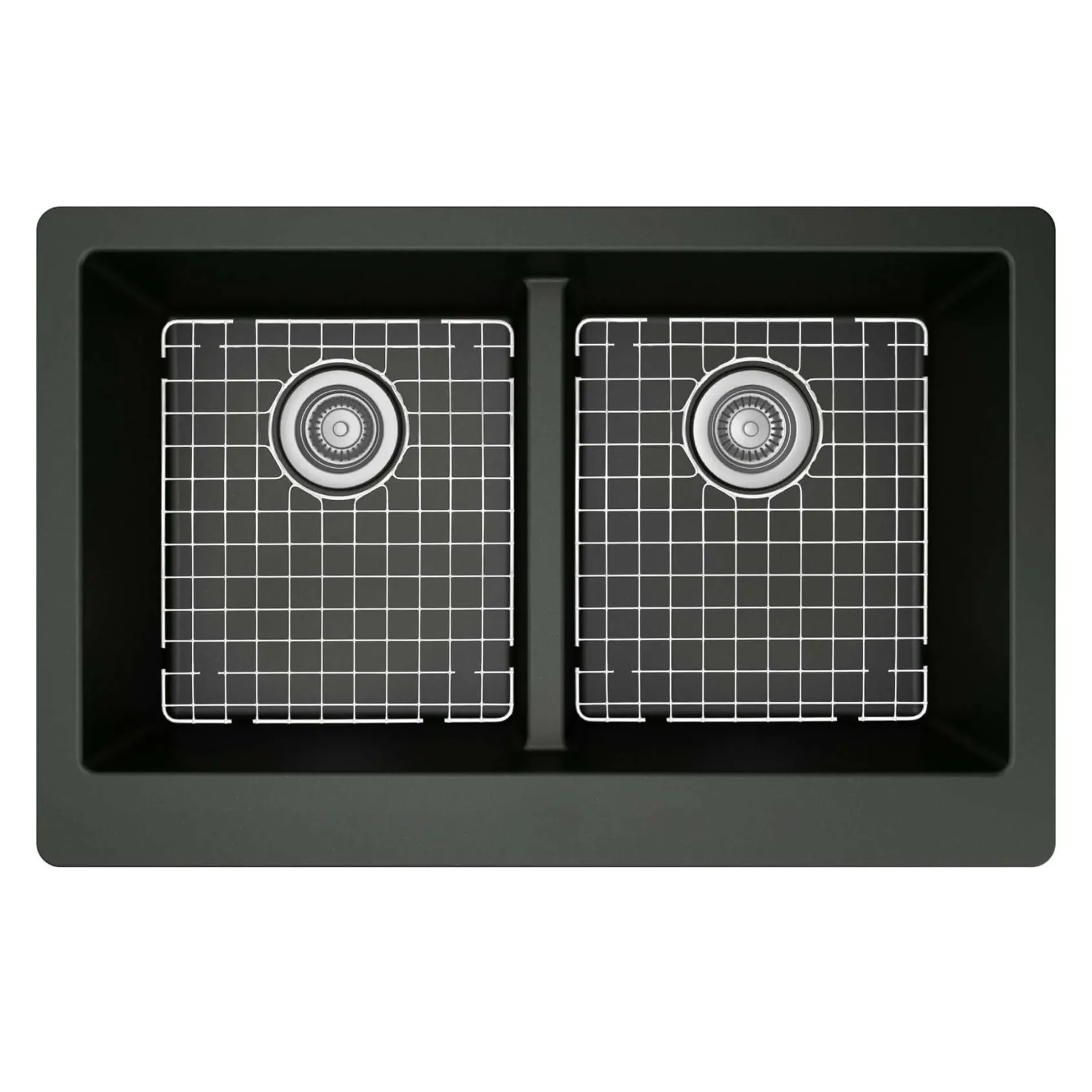 Karran 34" Quartz Composite Farmhouse Sink with Stainless Steel Faucet and Accessories, 50/50 Double Bowl, Black, QA750BL220SS