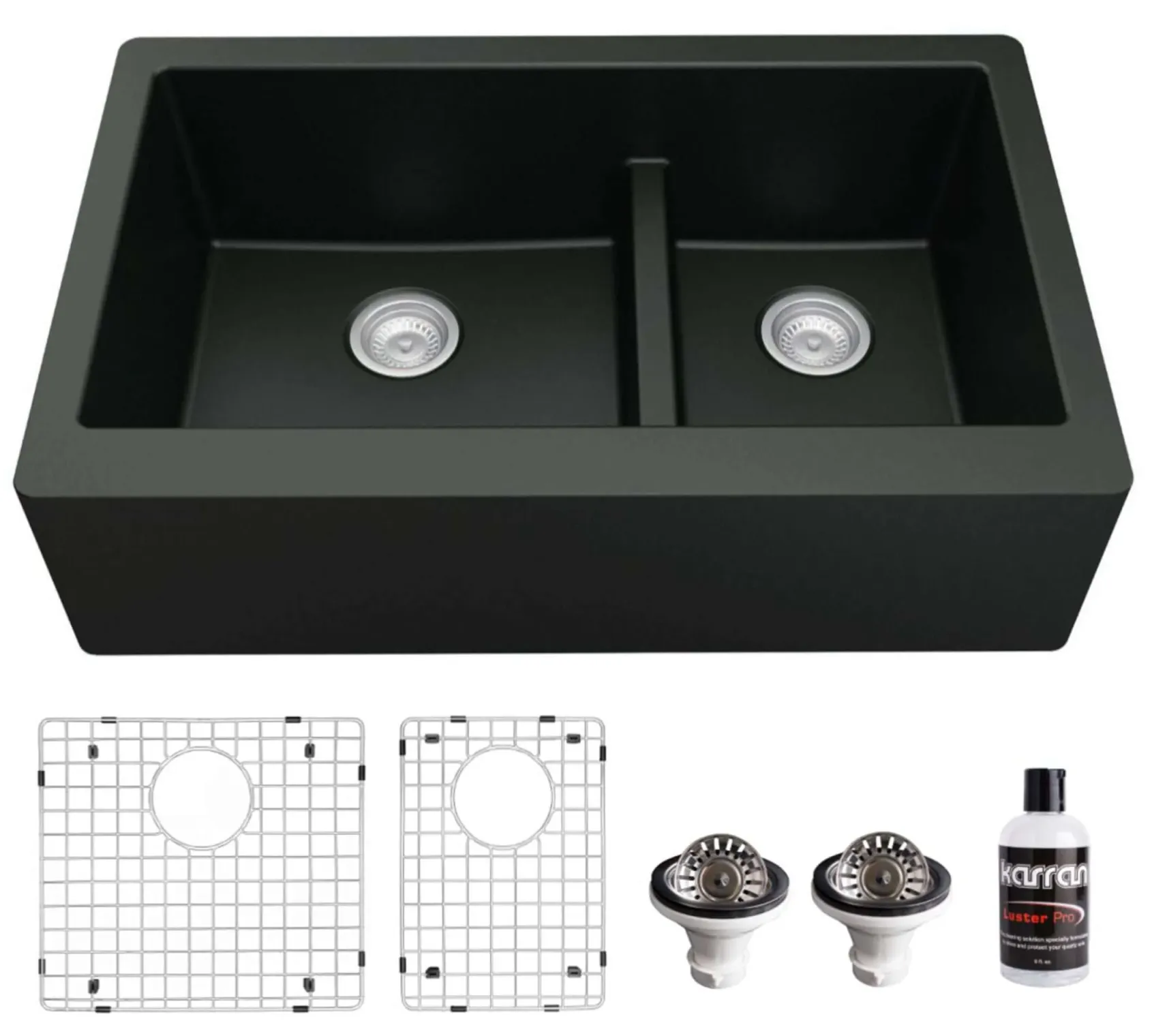 Karran 34" Quartz Composite Farmhouse Sink, 60/40 Double Bowl, Black, QA-760-BL-PK1