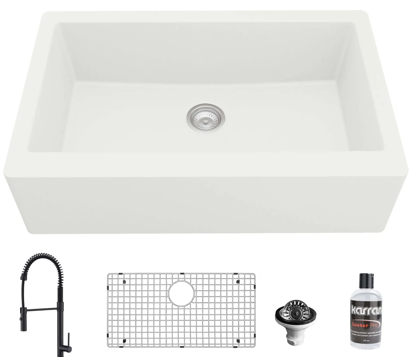 Karran 34" Quartz Composite Farmhouse Sink with Matte Black Faucet and Accessories, White, QA740WH220MB