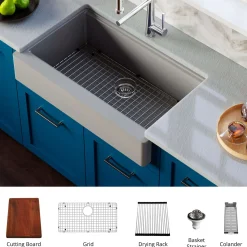 Karran 34" Quartz Composite Retrofit Workstation Farmhouse Sink with Accessories, Grey, QARWS-740-GR