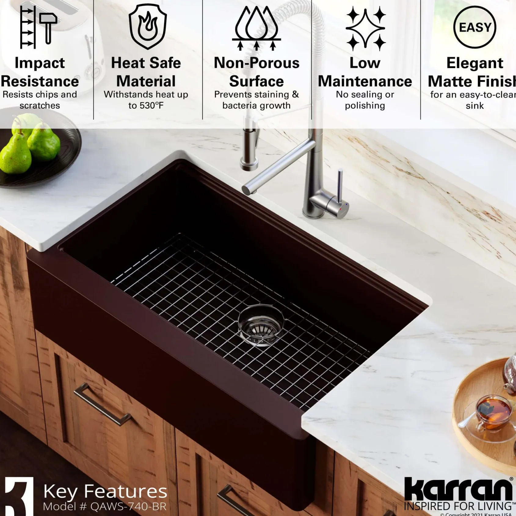 Karran 34" Quartz Composite Workstation Farmhouse Sink with Accessories, Brown, QAWS-740-BR