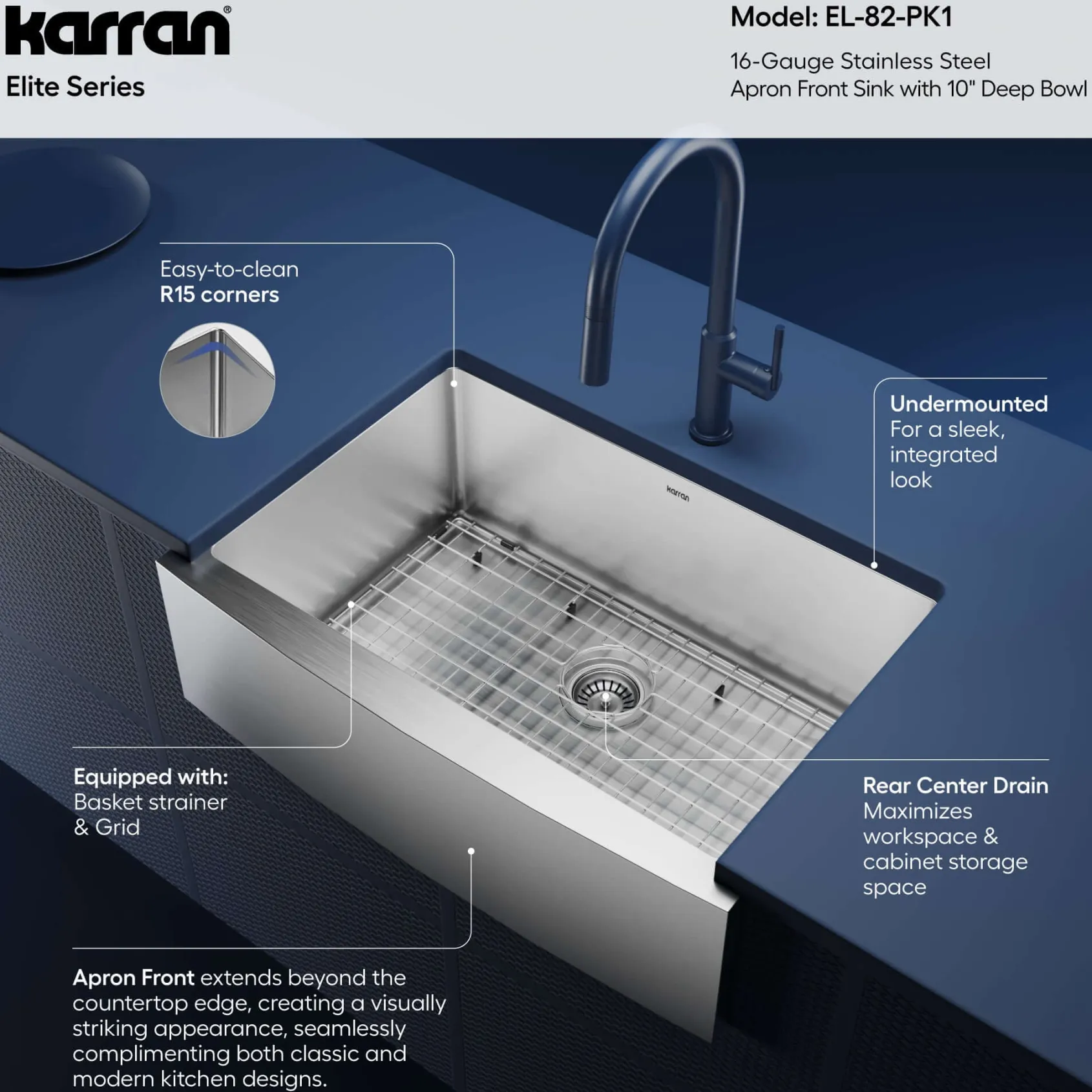 Karran 30" Stainless Steel Farmhouse Sink, 16 Gauge, EL-82-PK1