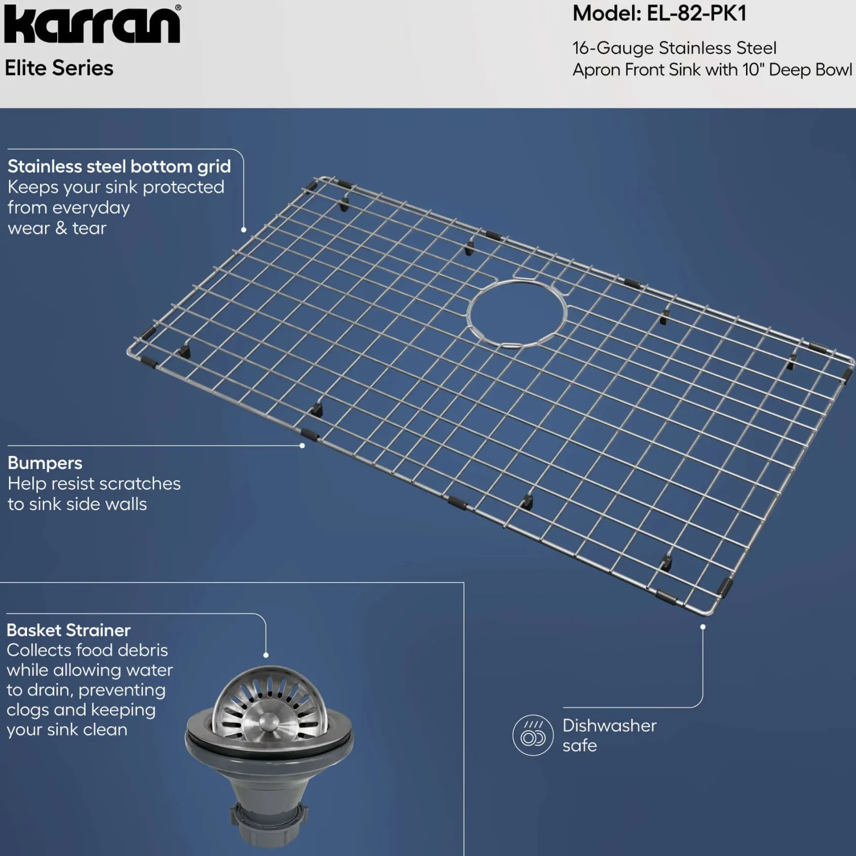 Karran 30" Stainless Steel Farmhouse Sink, 16 Gauge, EL-82-PK1