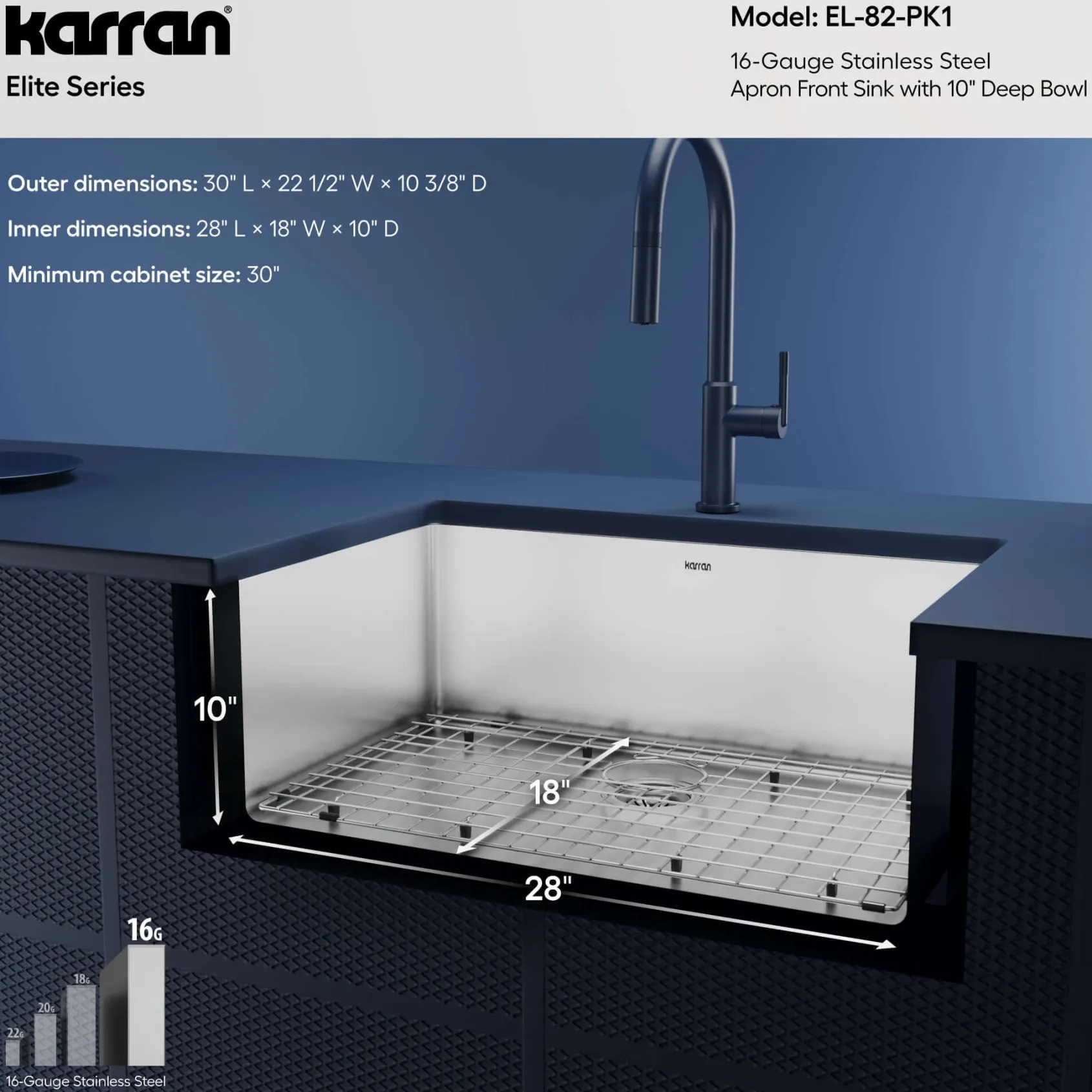 Karran 30" Stainless Steel Farmhouse Sink, 16 Gauge, EL-82-PK1