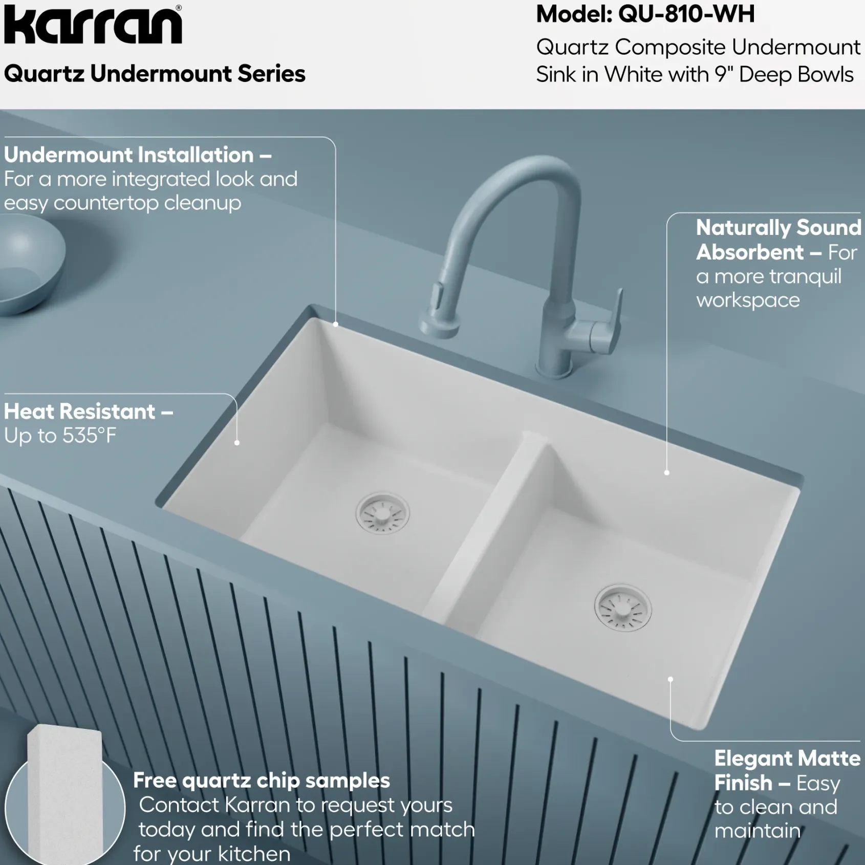 Karran 32" Undermount Quartz Composite Kitchen Sink, 50/50 Double Bowl, White, QU-810-WH
