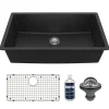 Karran 32" Undermount Quartz Composite Kitchen Sink with Accessories, Black, QU-812-BL-PK1