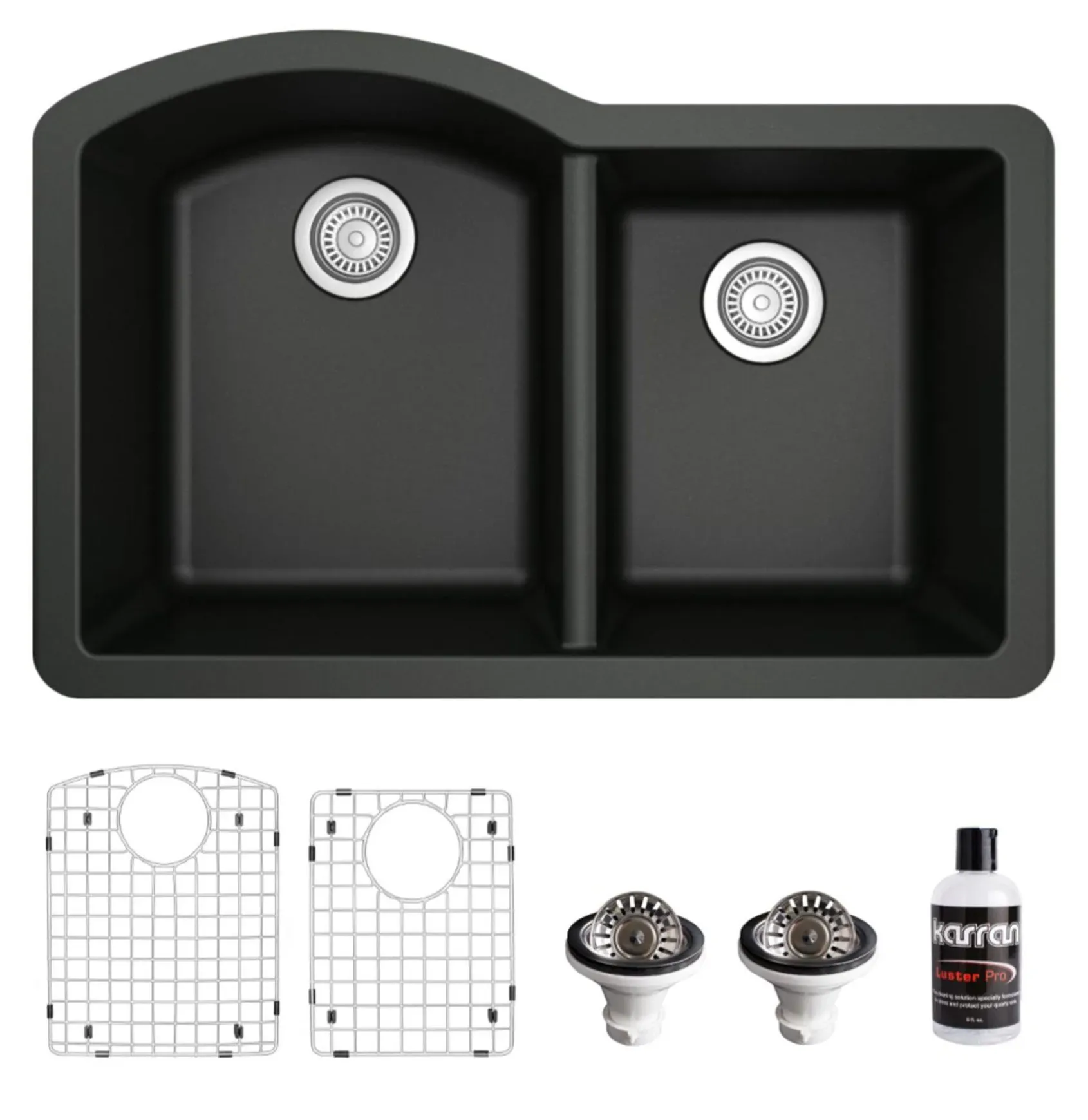 Karran 32" Undermount Quartz Composite Kitchen Sink, 60/40 Double Bowl, Black, QU-610-BL-PK1