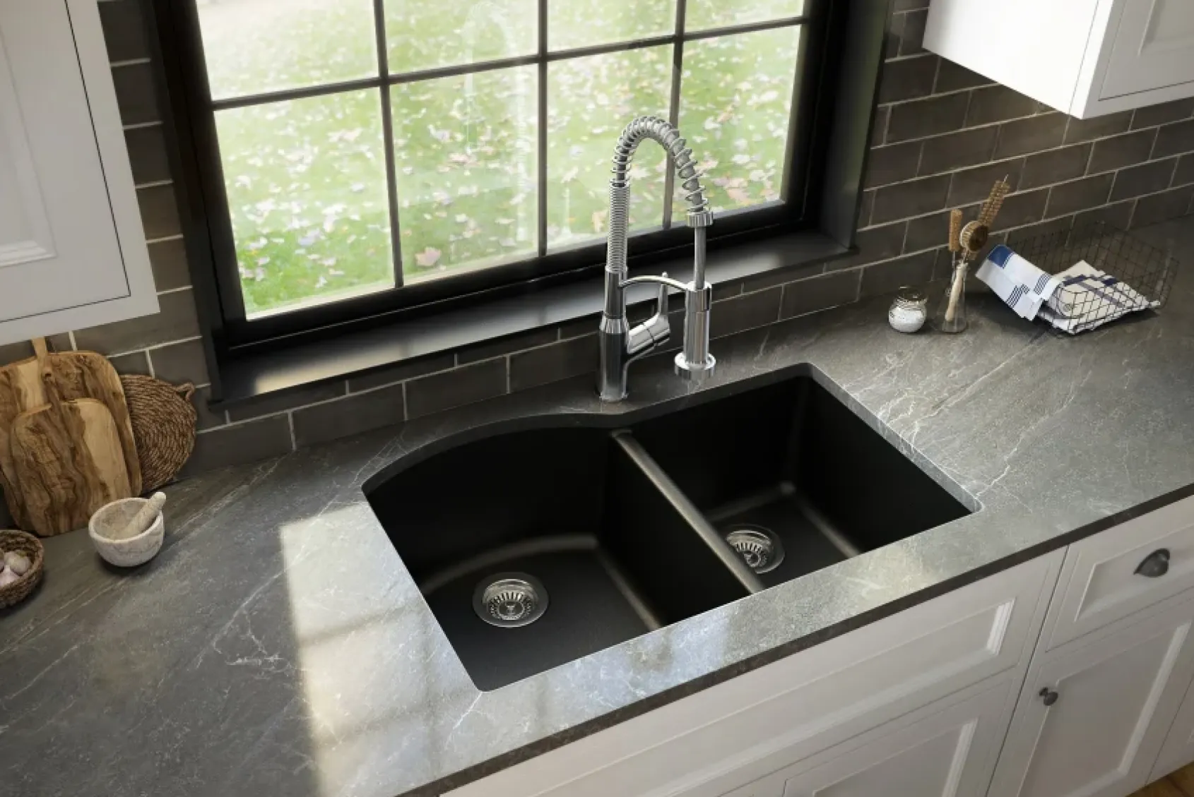 Karran 32" Undermount Quartz Composite Kitchen Sink, 60/40 Double Bowl, Black, QU-610-BL-PK1