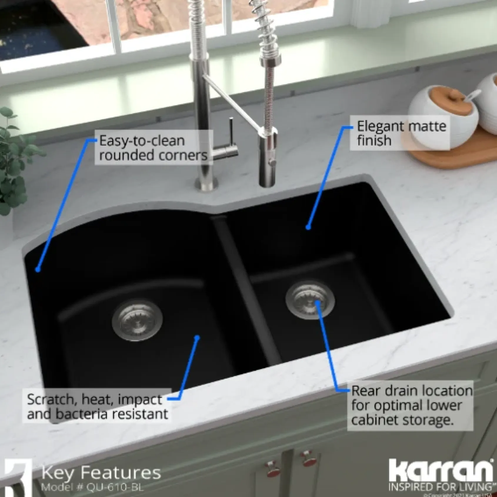 Karran 32" Undermount Quartz Composite Kitchen Sink, 60/40 Double Bowl, Black, QU-610-BL-PK1