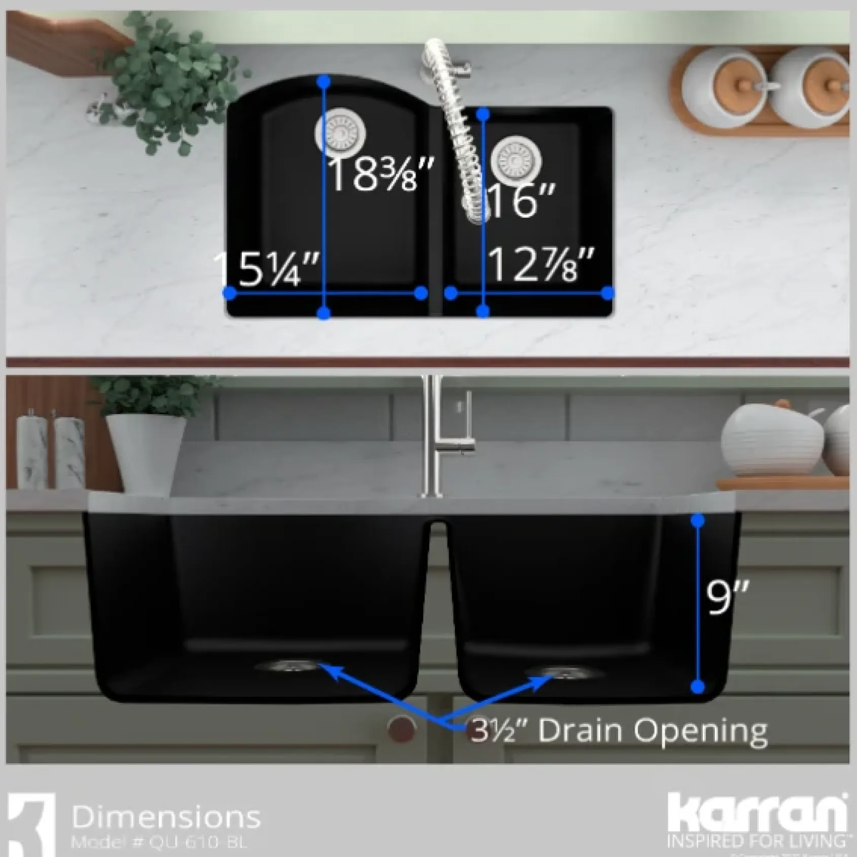 Karran 32" Undermount Quartz Composite Kitchen Sink, 60/40 Double Bowl, Black, QU-610-BL-PK1