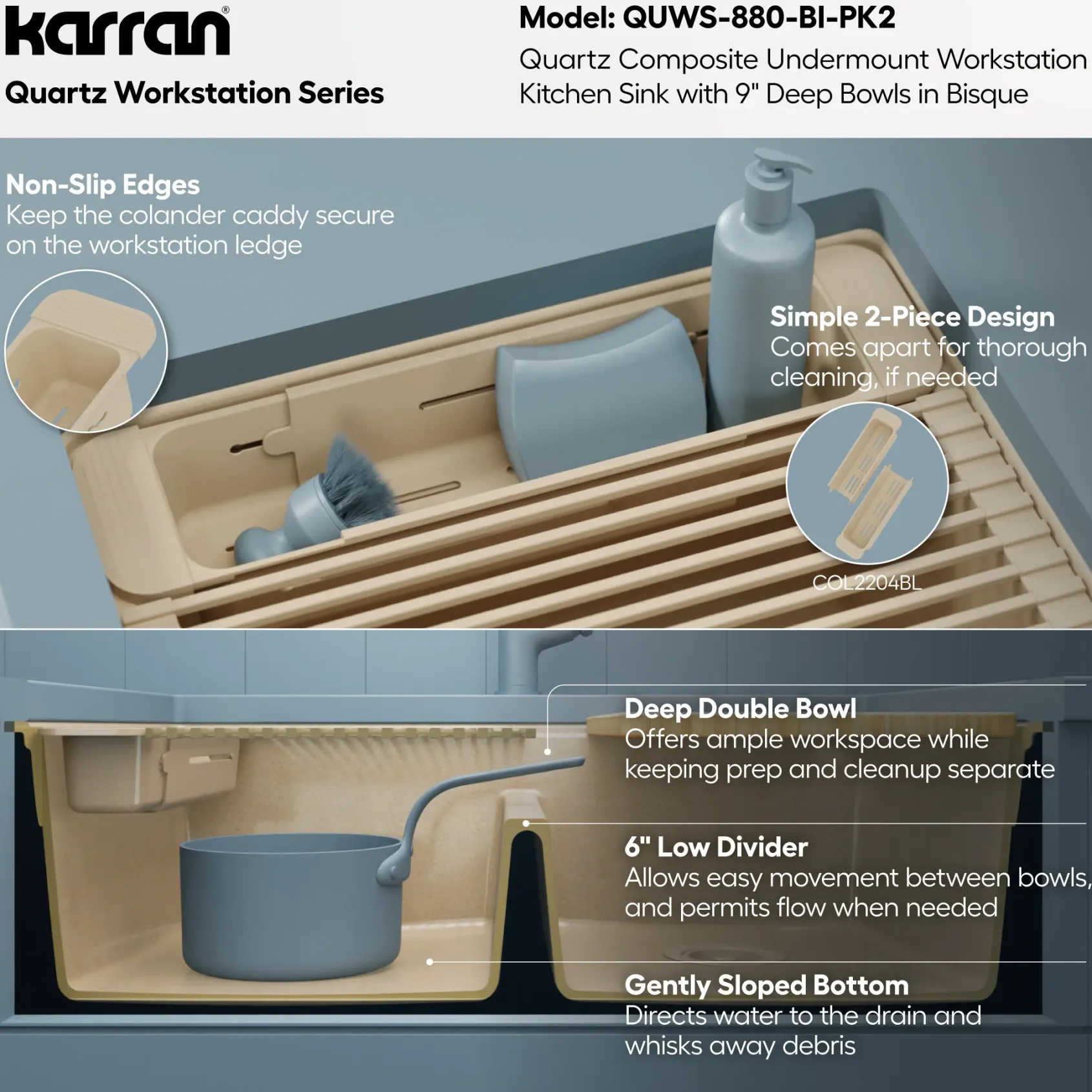 Karran 32" Undermount Quartz Composite Workstation Kitchen Sink, 50/50 Double Bowl, Bisque, QUWS-880-BI-PK2