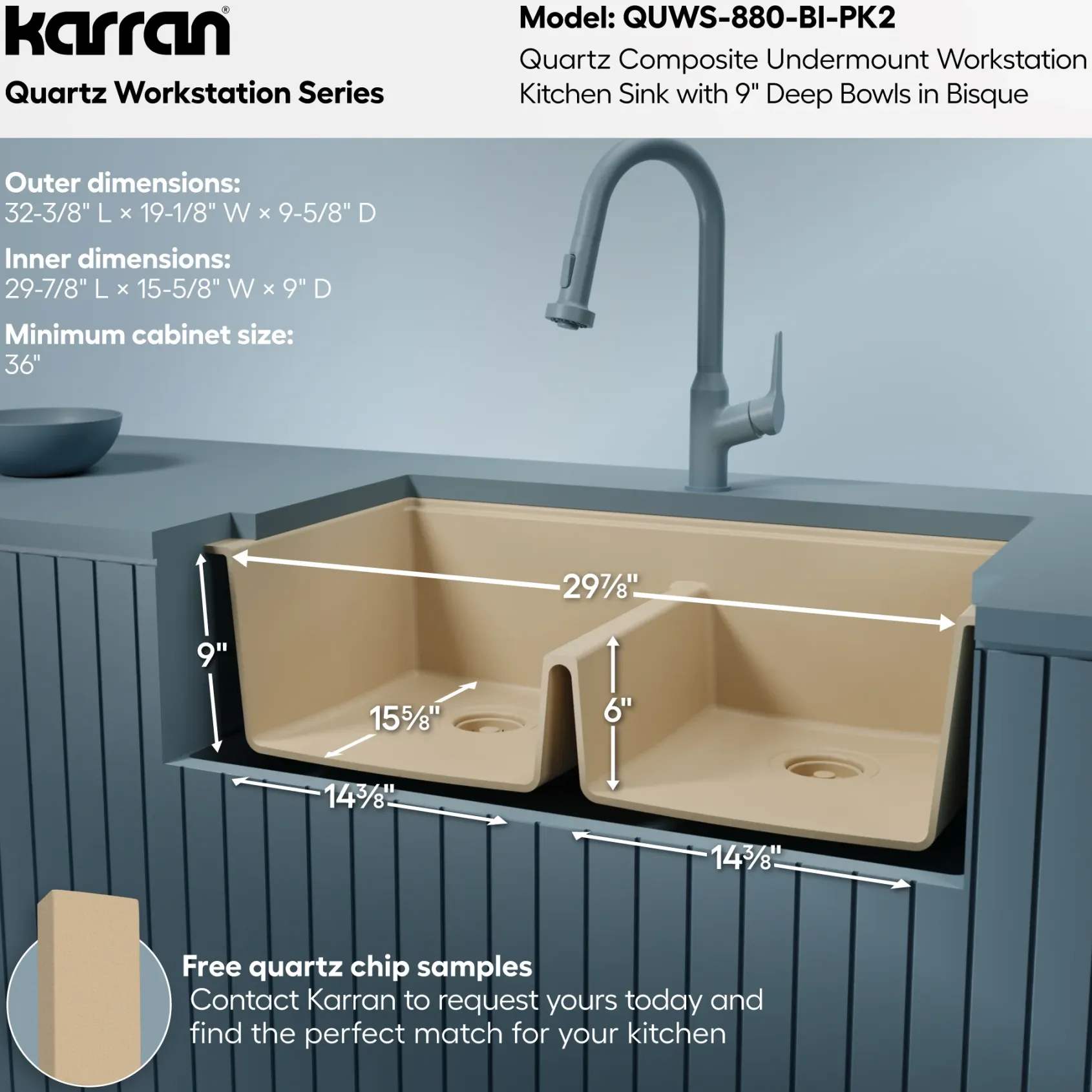 Karran 32" Undermount Quartz Composite Workstation Kitchen Sink, 50/50 Double Bowl, Bisque, QUWS-880-BI-PK2