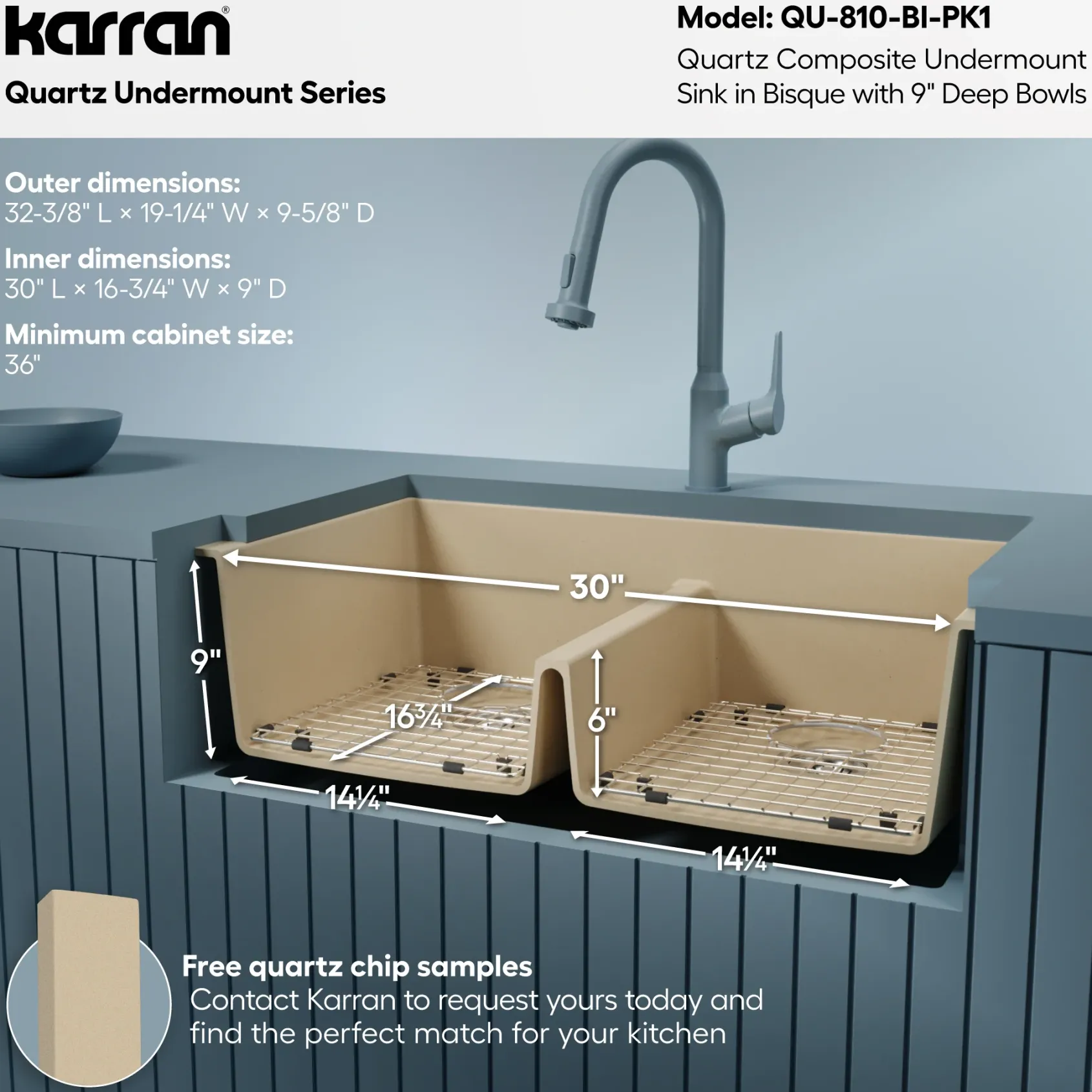 Karran 32" Undermount Quartz Composite Kitchen Sink with Accessories, 50/50 Double Bowl, Bisque, QU-810-BI-PK1